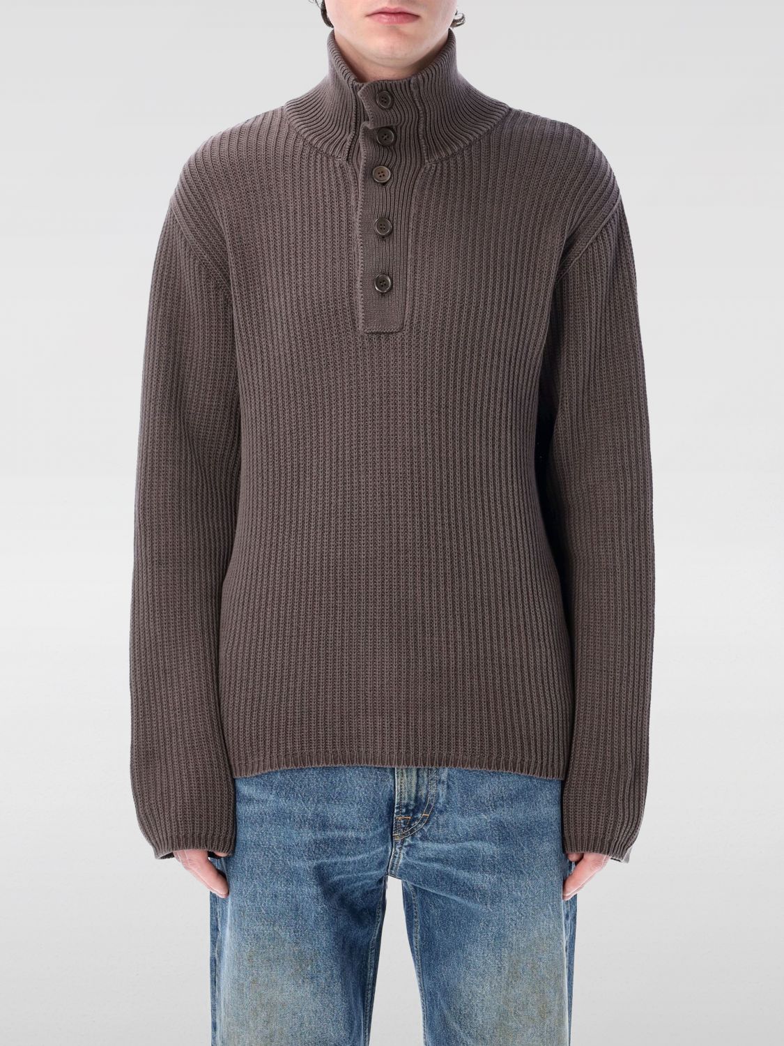 Our Legacy Navigator Polo With High Neck And Textured Ribbed Knit In Brown