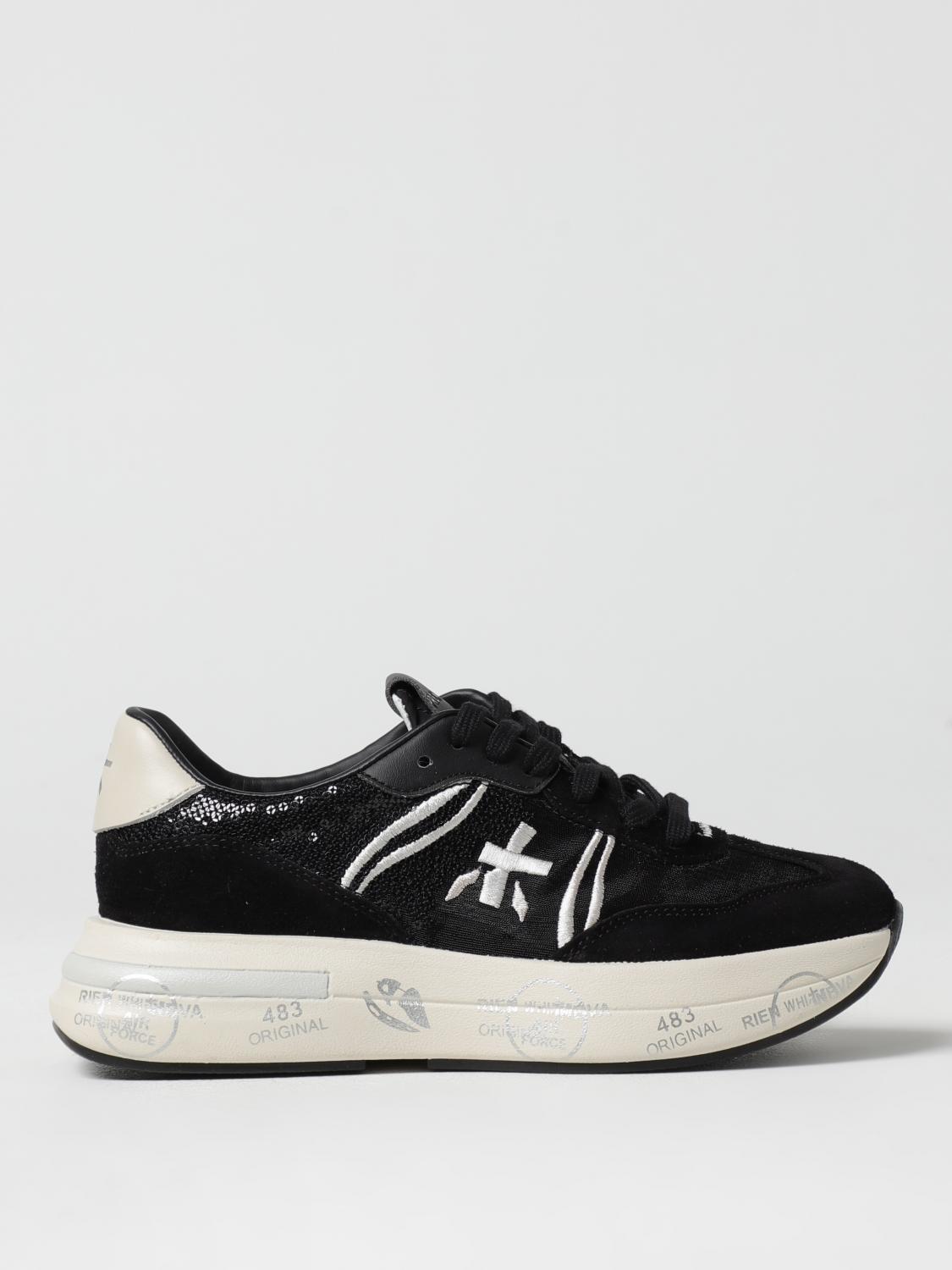 Premiata Low Top Leather Sneakers With Contrast Sole In Black