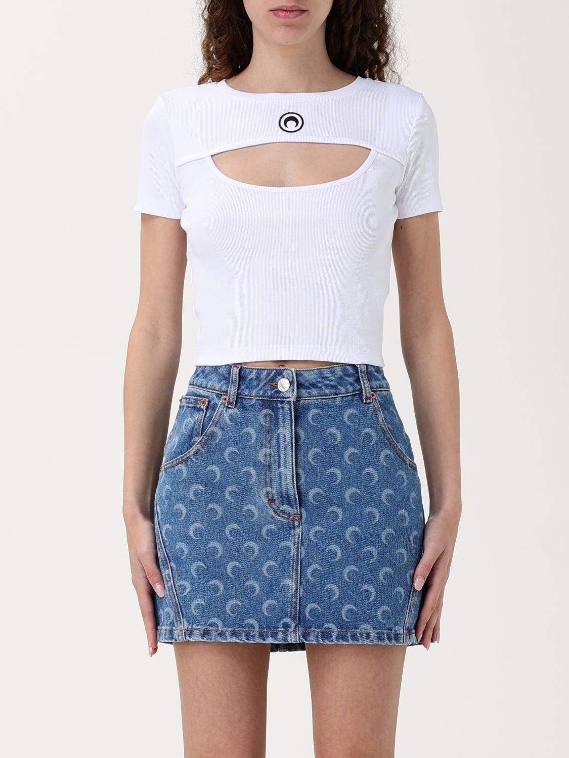 Marine Serre White Ribbed Jersey Moon Logo T-shirt