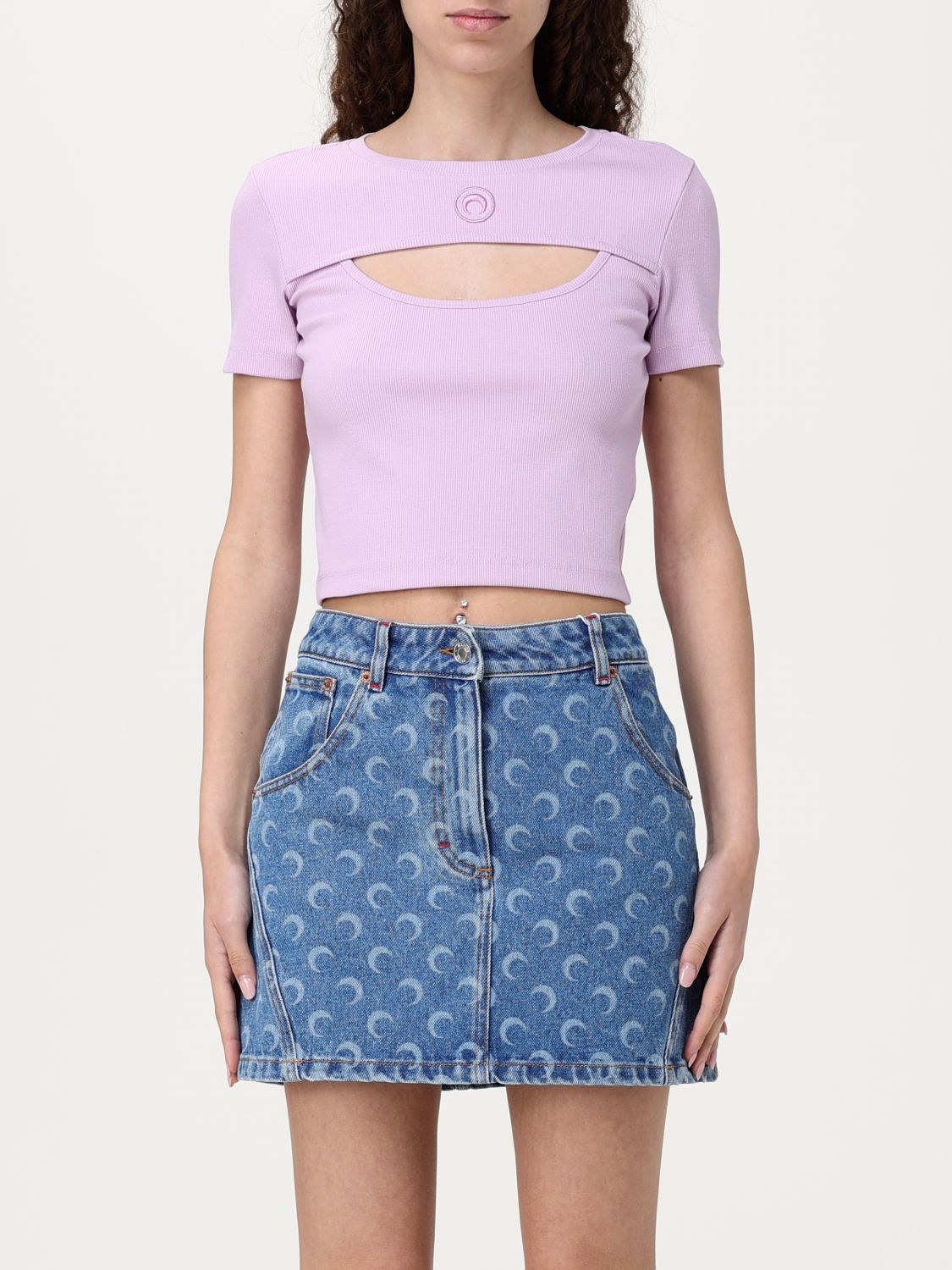 Marine Serre Purple Moon Logo Ribbed Jersey Cut-out T-shirt