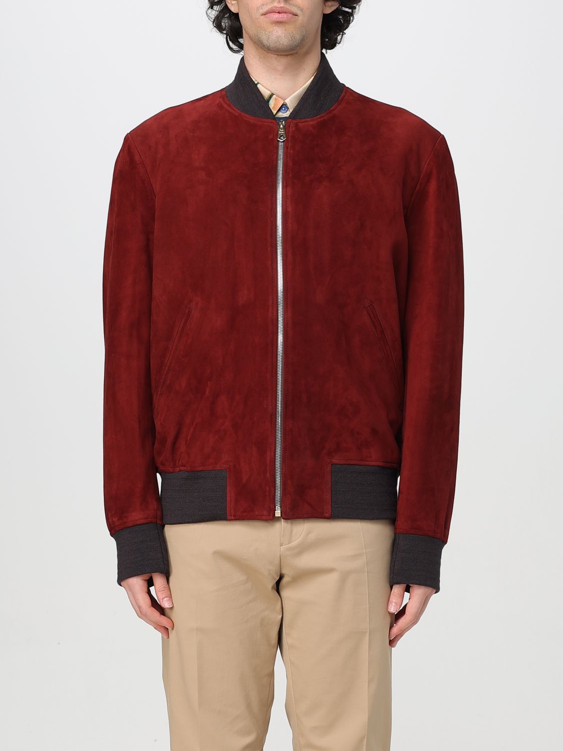 Paul Smith Red Suede Bomber Jacket With Ribbed Details In Red