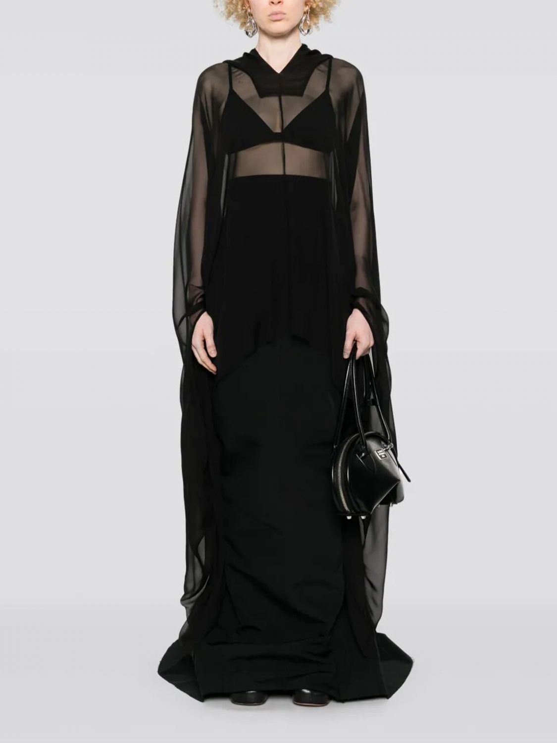 Rick Owens Hooded Silk Kaftan In Black
