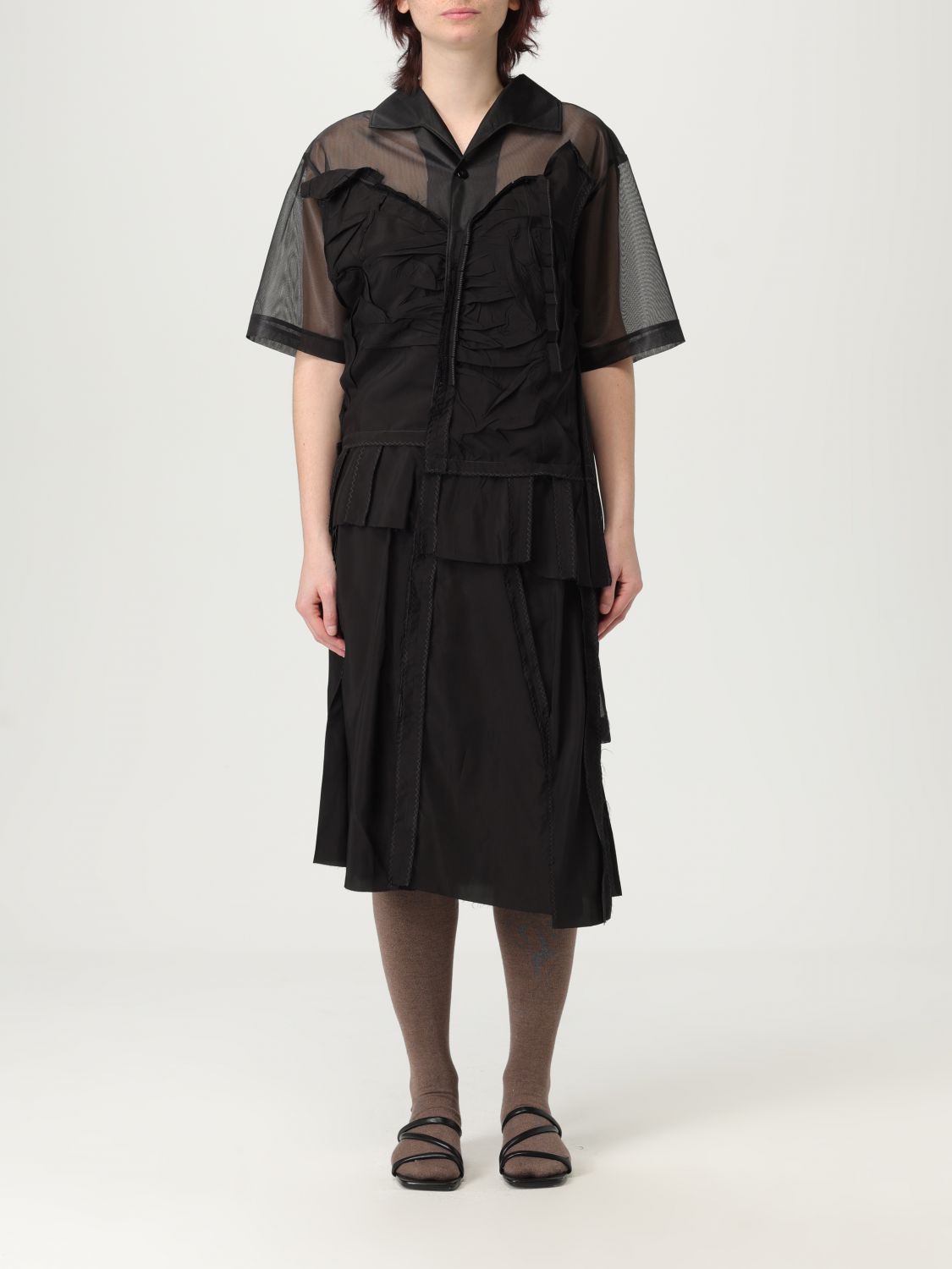 Maison Margiela Womens Mesh-panels Short-sleeves Woven Midi Dress Black And Black