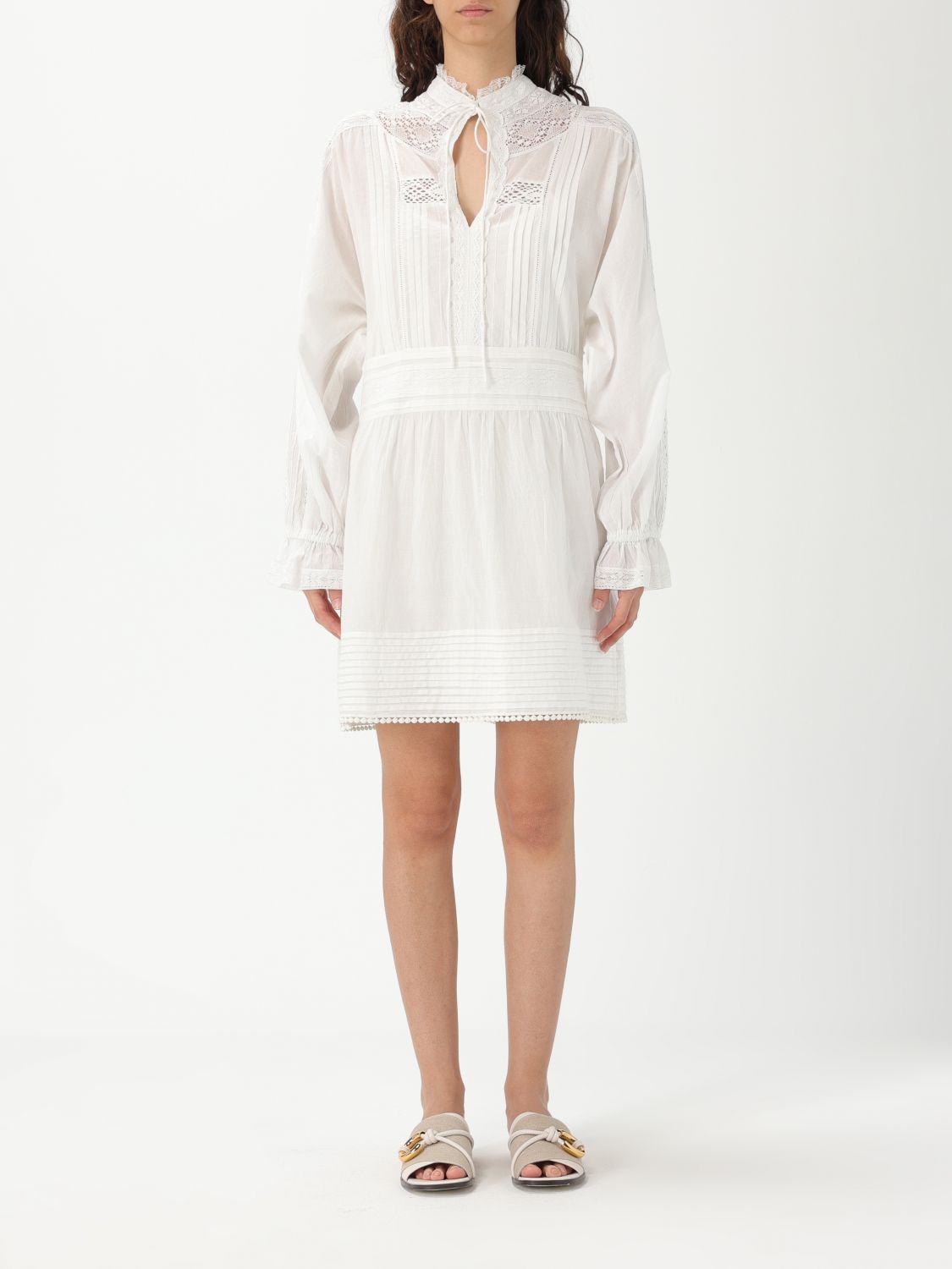 Twinset White Dress With Pleated Details And All-over Applied Embroidery In Cotton Woman