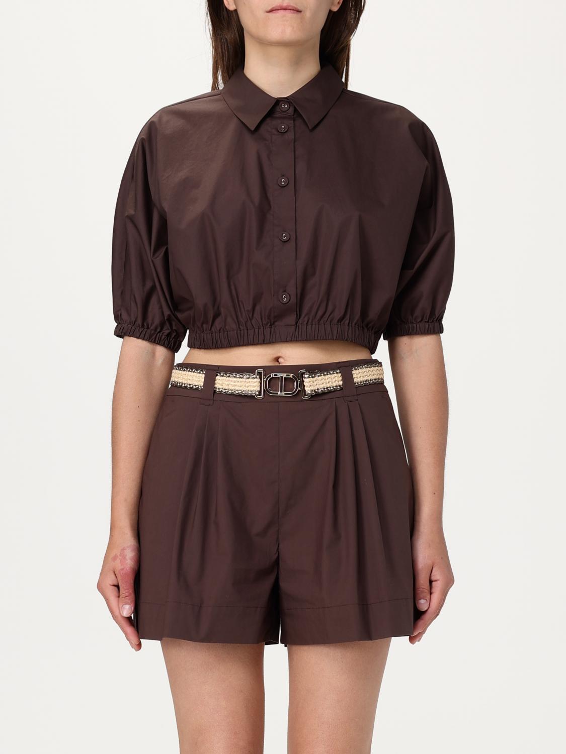 Twinset Brown Top With Classic Collar And Logo Plaque Detail On The Rear