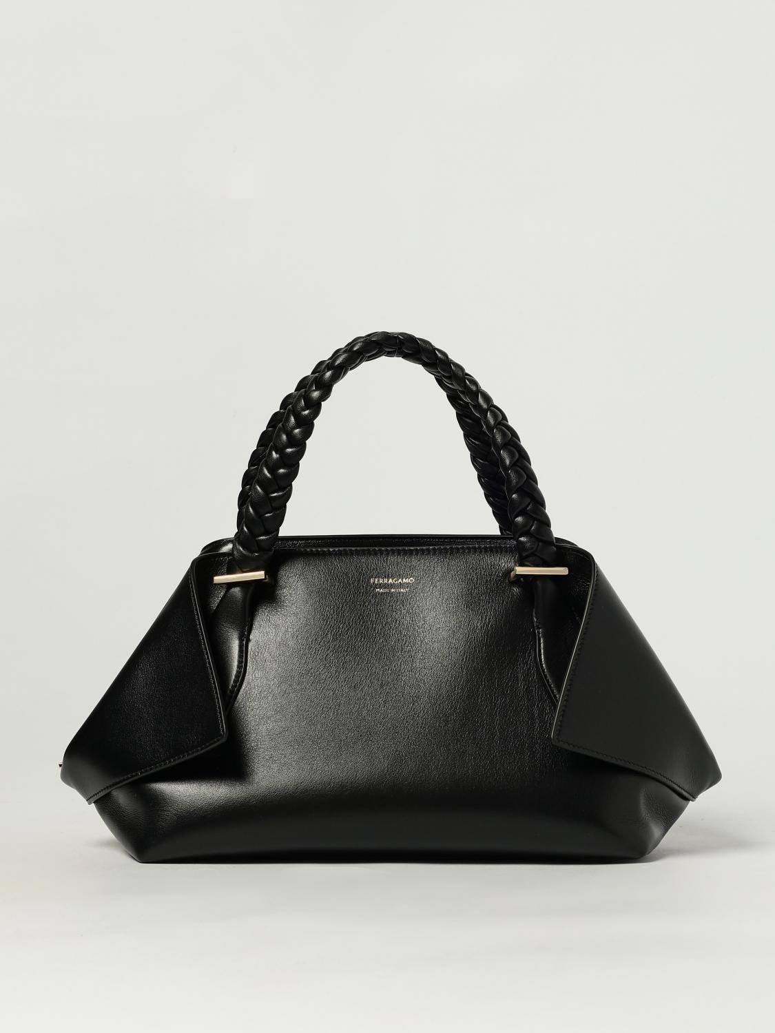 Ferragamo Structured Handbag With Braided Handle And Folded Accents In Black