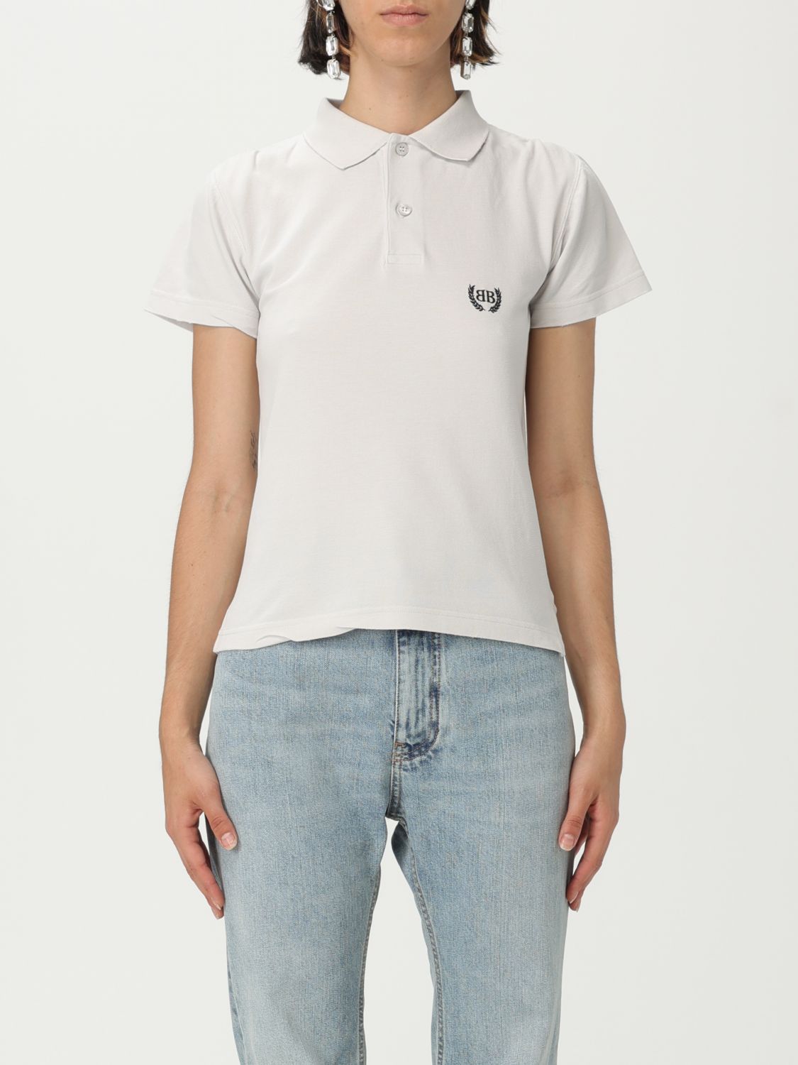 Balenciaga Light Grey Logo Cotton Polo Shirt In Gray