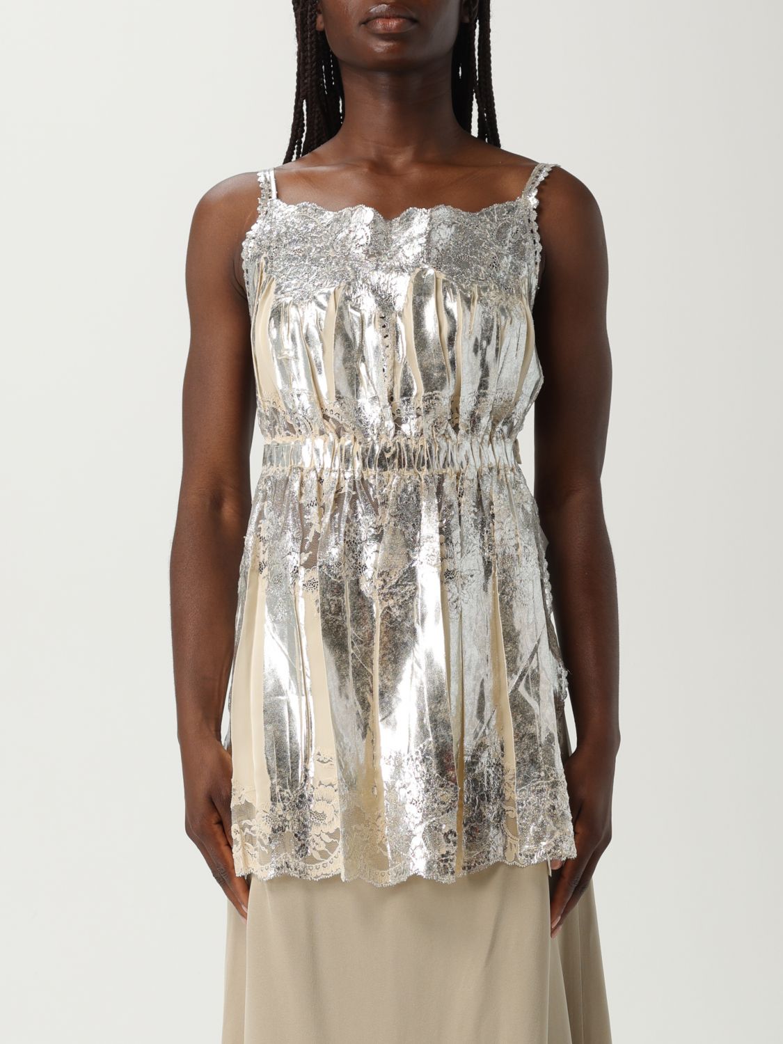 Rabanne Laminated Pleated Satin Top With Lace Detail