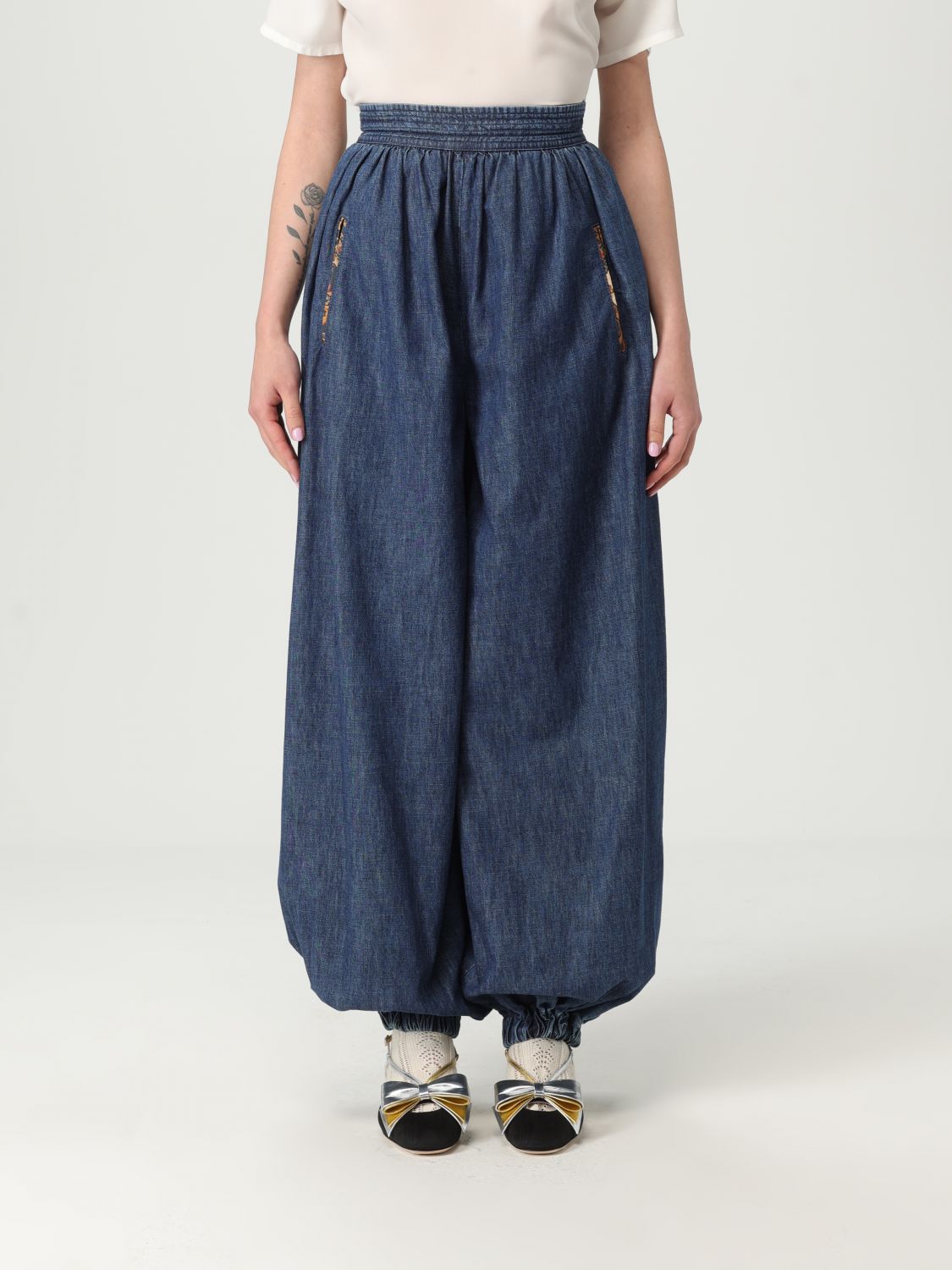 Valentino Tasseled Embroidered Chambray Tapered Pants