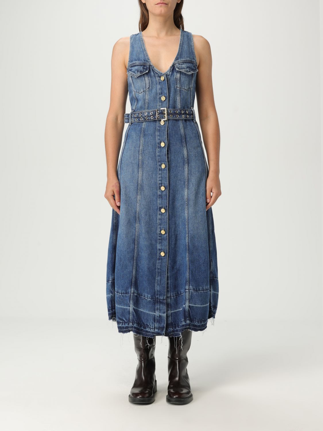 Ganni Blue Light Denim Belt Midi Dress