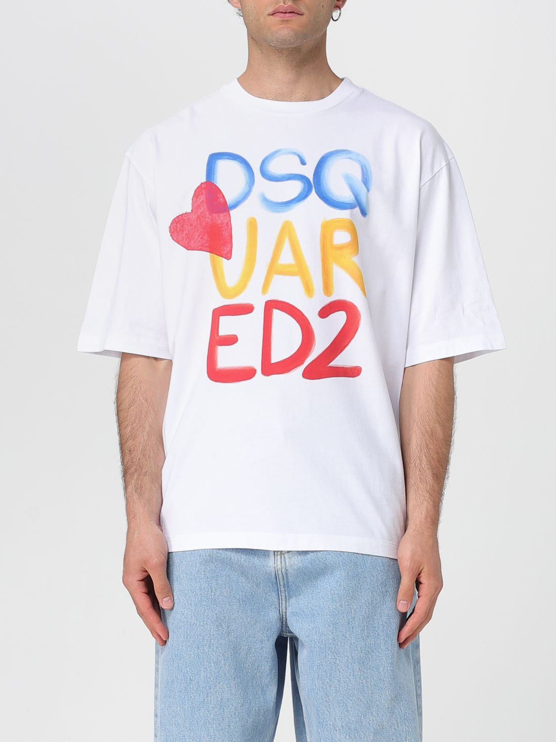Dsquared2 White Round Neck T Shirt With Printed Maxi Logo On The Front And Heart Detail In Cotton Woman