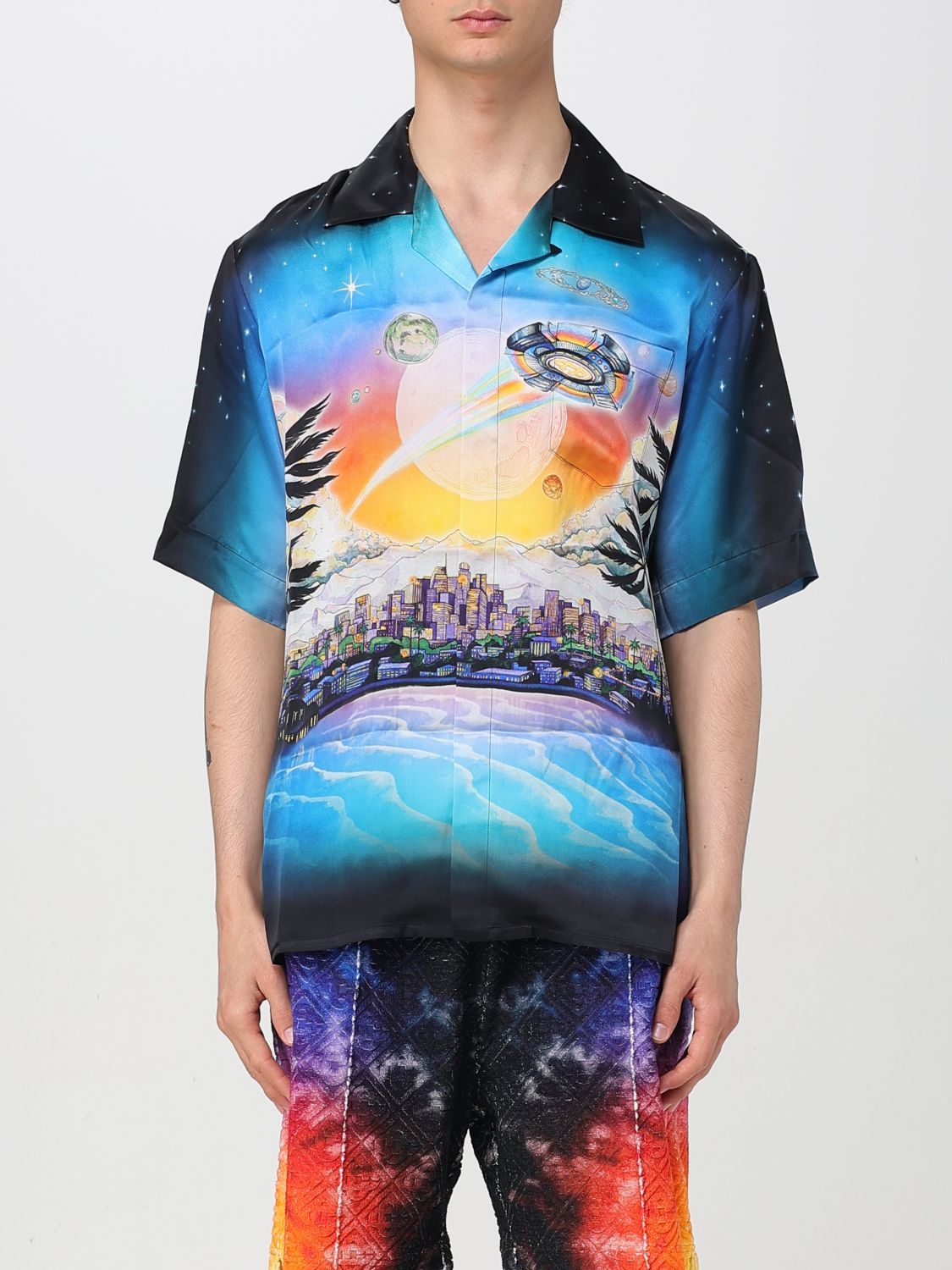 Casablanca Graphically Enhanced Silk Shirt With Cuban Collar