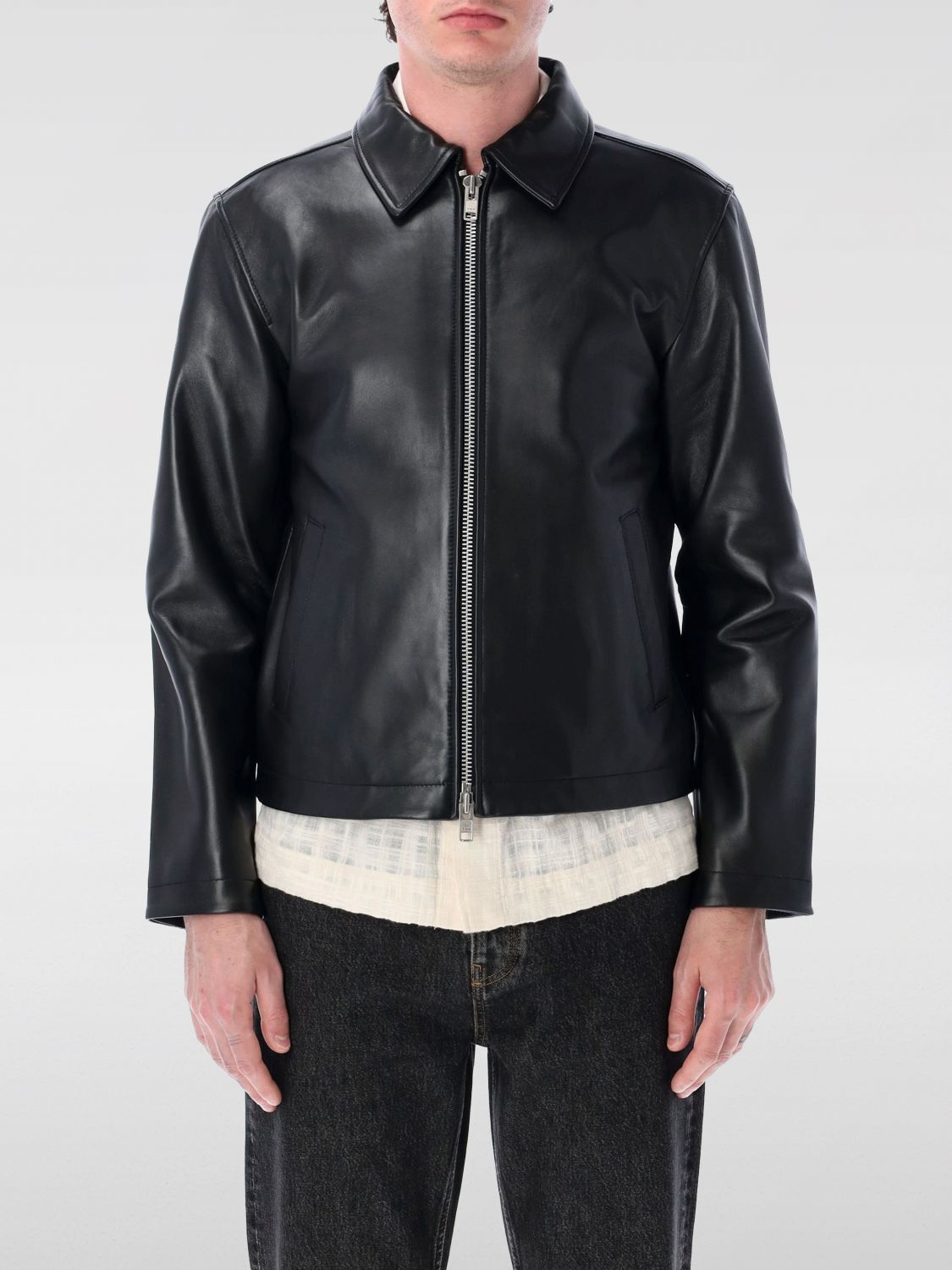 Sunflower Black Crop Jacket With Classic Collar And Dropped Shoulders In Leather Man In Black