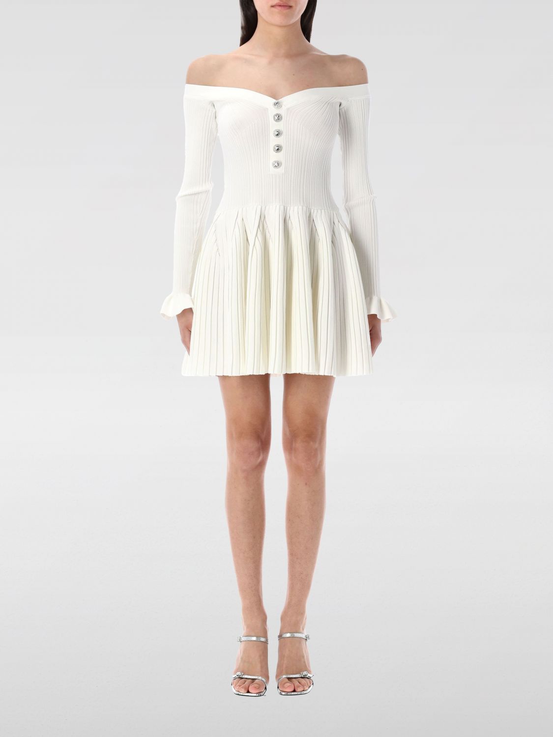 Self-portrait Off-the-shoulder Pleated Ribbed-knit Mini Dress