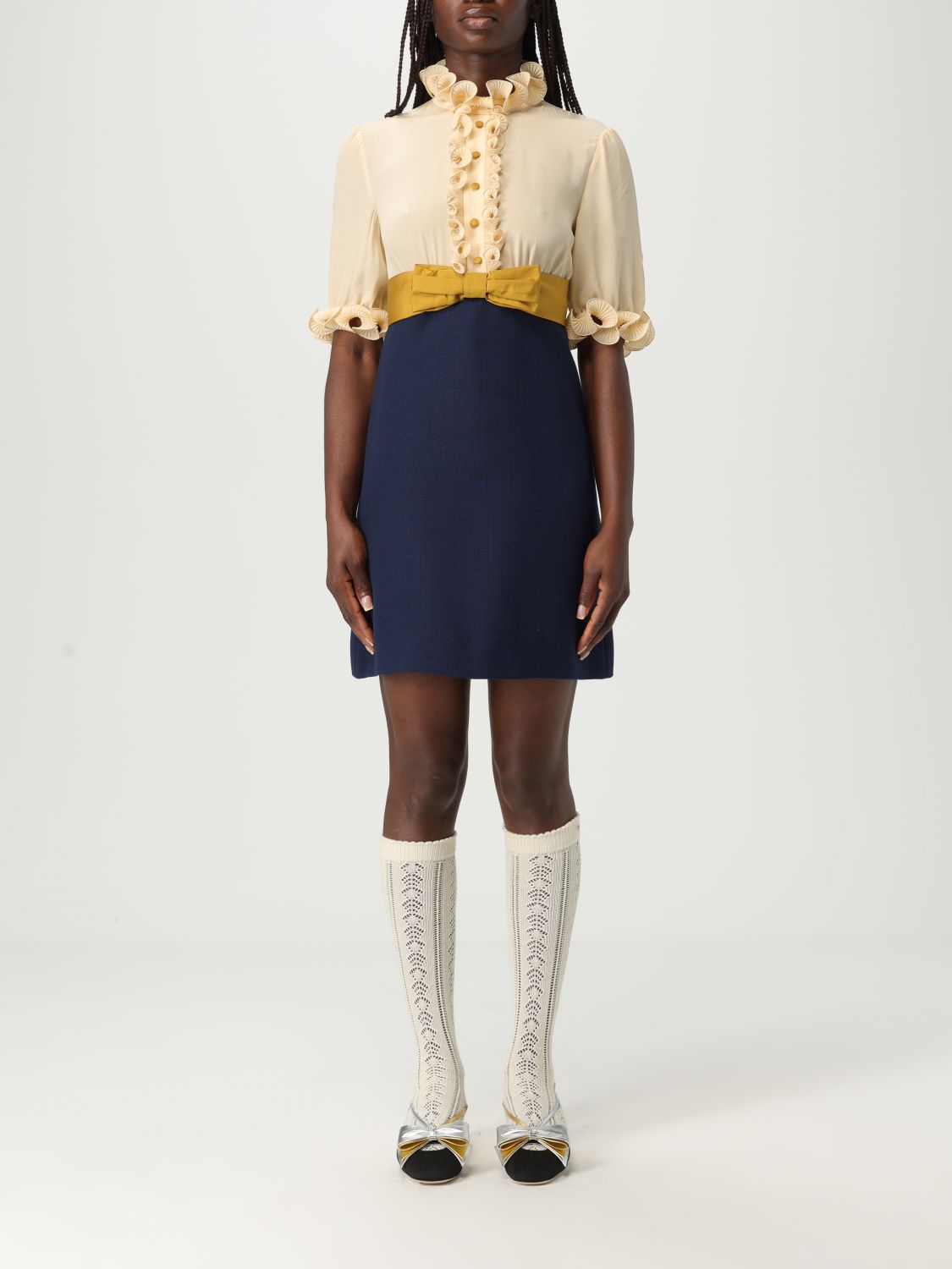 Valentino Womens Provence Blue Betulla Frilled Contrast-texture Silk Mini Dress