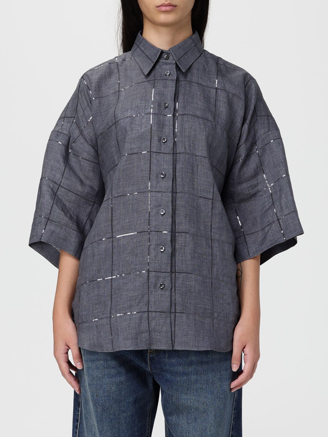 Brunello Cucinelli Sequin Applique Checked Collared Shirt In Gray
