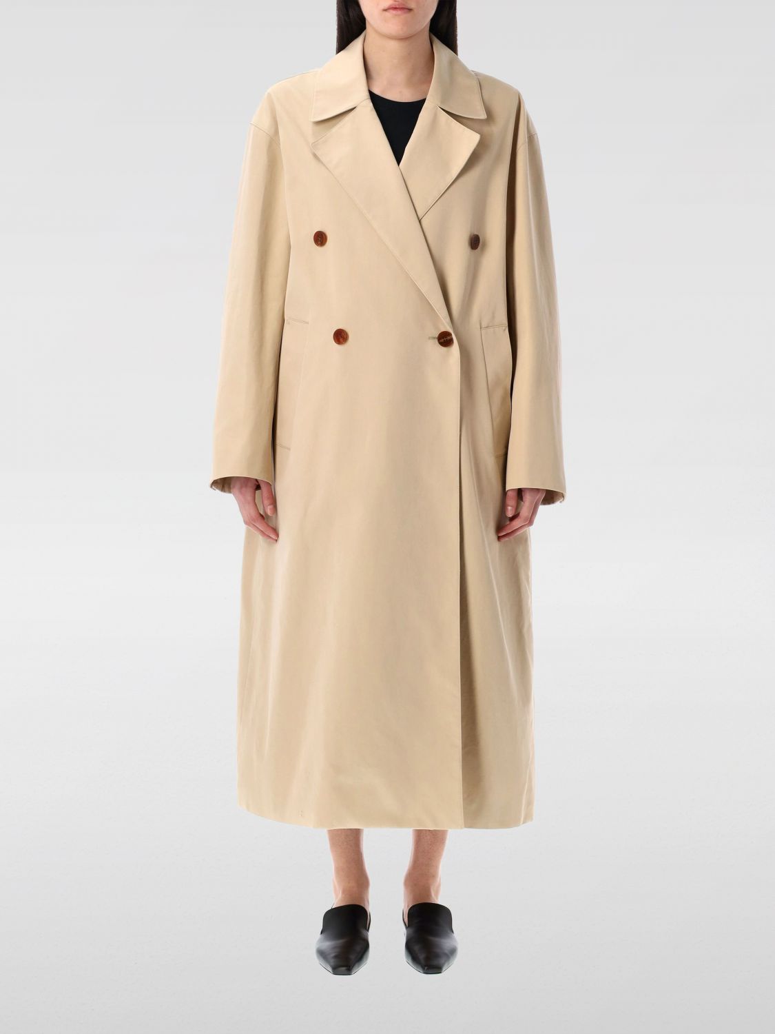 Low Classic Beige Double-breasted Trench Coat With Notched Lapels