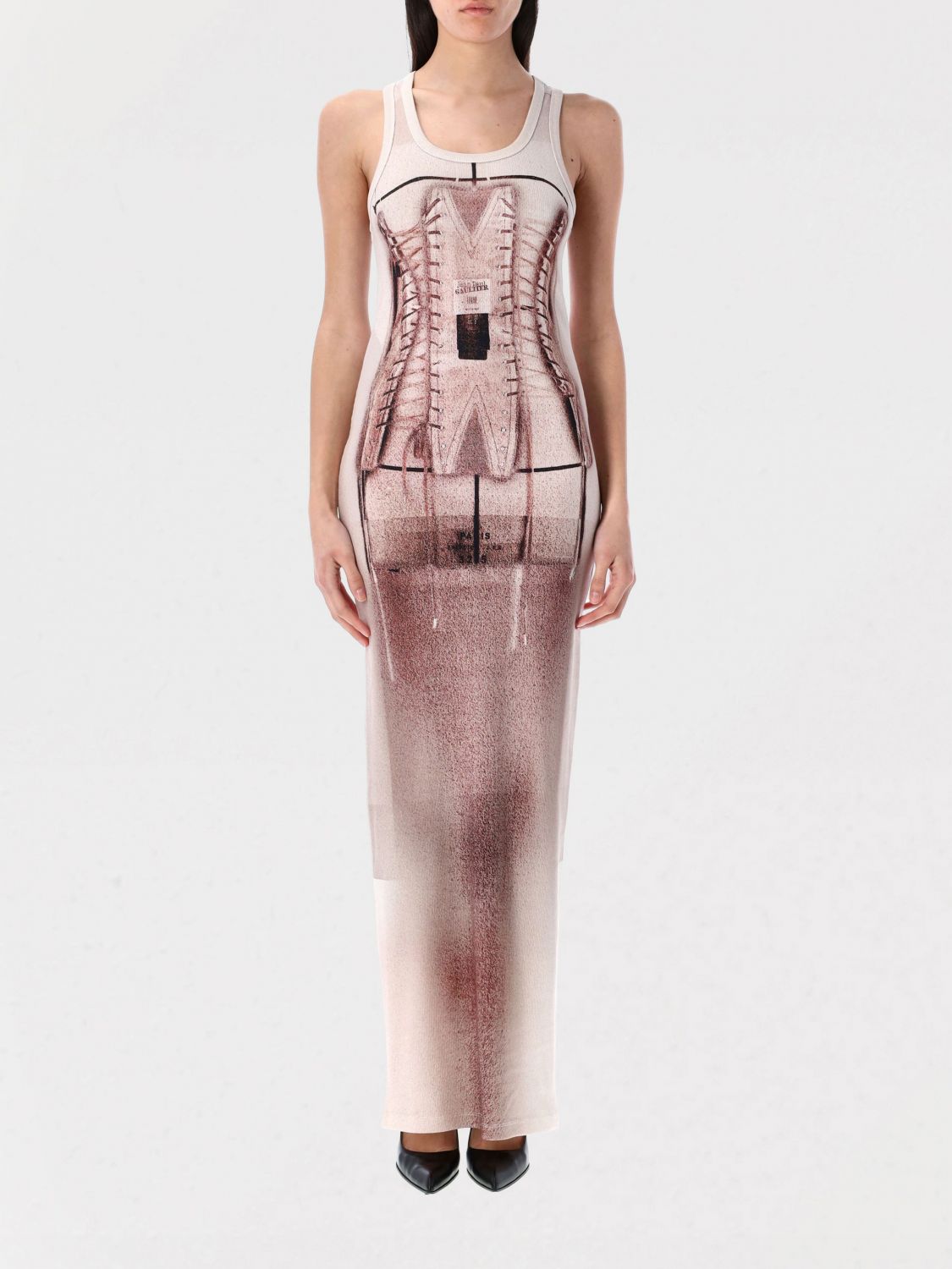 Jean Paul Gaultier Trompe L'ail Corset Printed Cotton Ribbed Long Dress