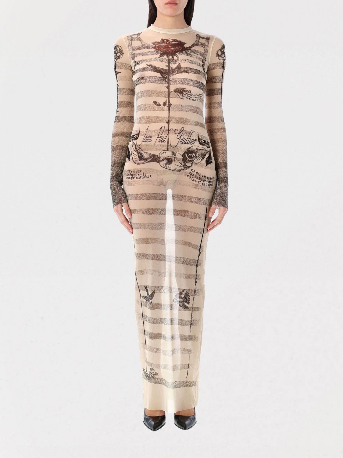 Jean Paul Gaultier Mesh Tattoo Striped Long Dress