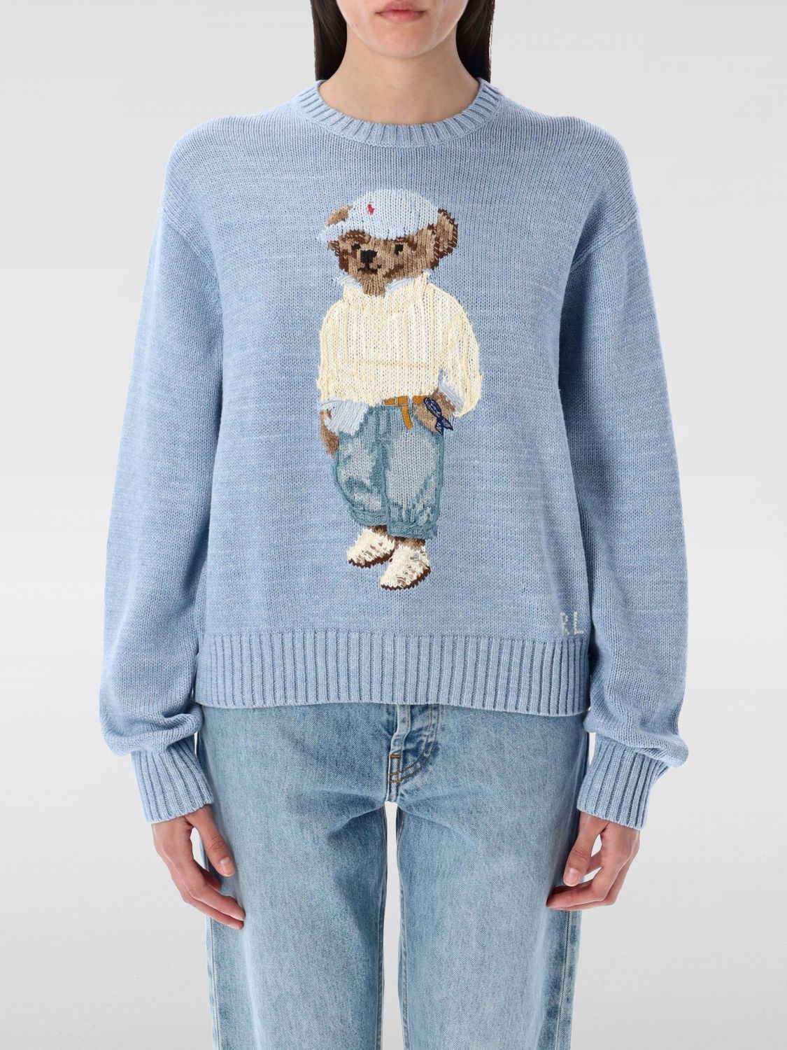 Polo Ralph Lauren Womens Chambray Marl Bear-intarsia Round-neck Cotton-knit Jumper