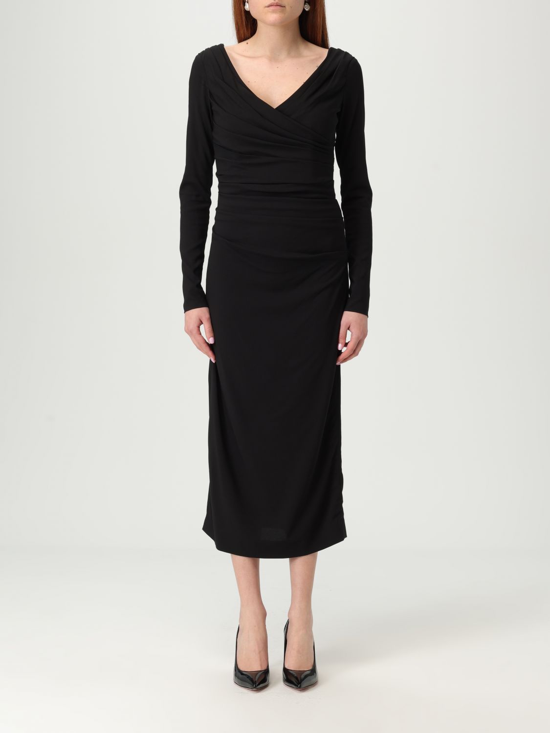 Dolce & Gabbana Draped V-neckline Midi Length Dress In Black