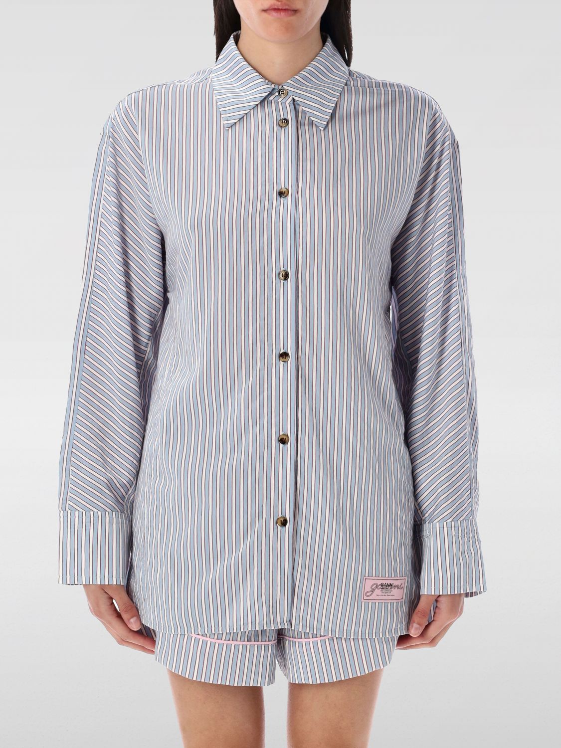 Ganni Multicolor Shirt With All-over Stripes And Logo Patch On The Front In Viscose Blend Woman