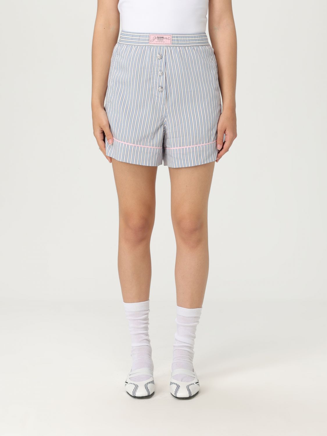 Ganni Violet Shorts With Logo Patch On The Front And All-over Striped Motif In Viscose Blend Woman