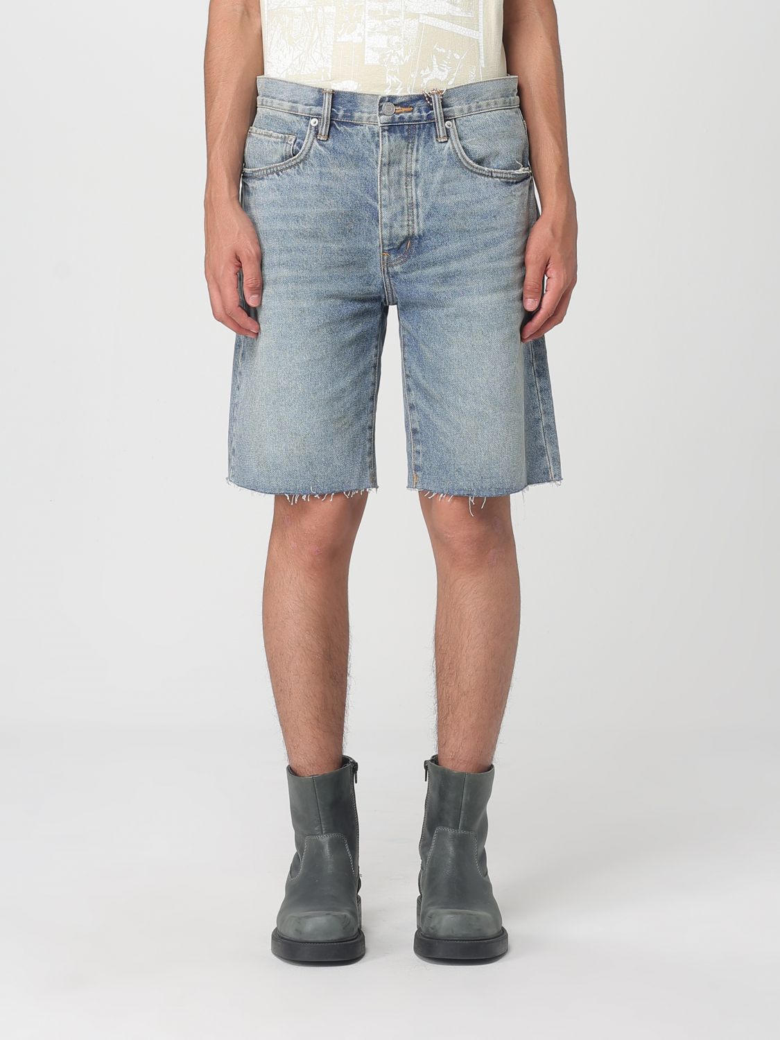 Purple Distressed Denim Bermuda Shorts With Belt Loops In Blue