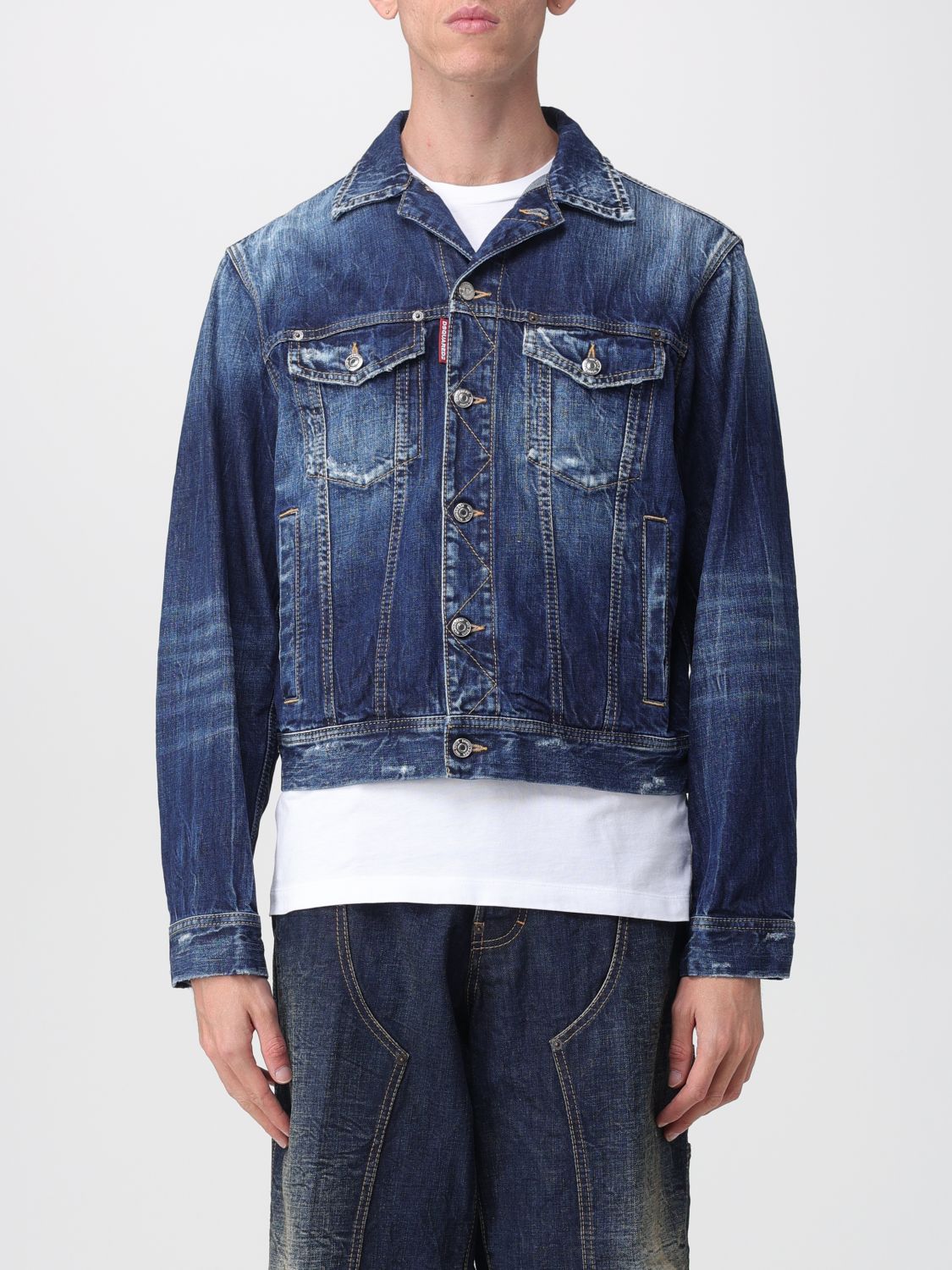 Dsquared2 Blue Jacket With Distressed Effect And Logoed Metal Buttons In Blue