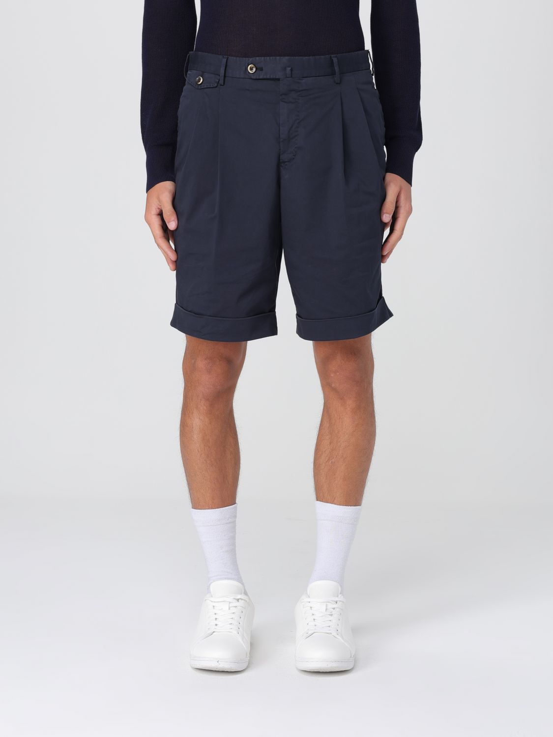 Pt Torino Blue Bermuda With Pence And Side Pocket With Flap In Linen And Cotton Blend Man In Blue