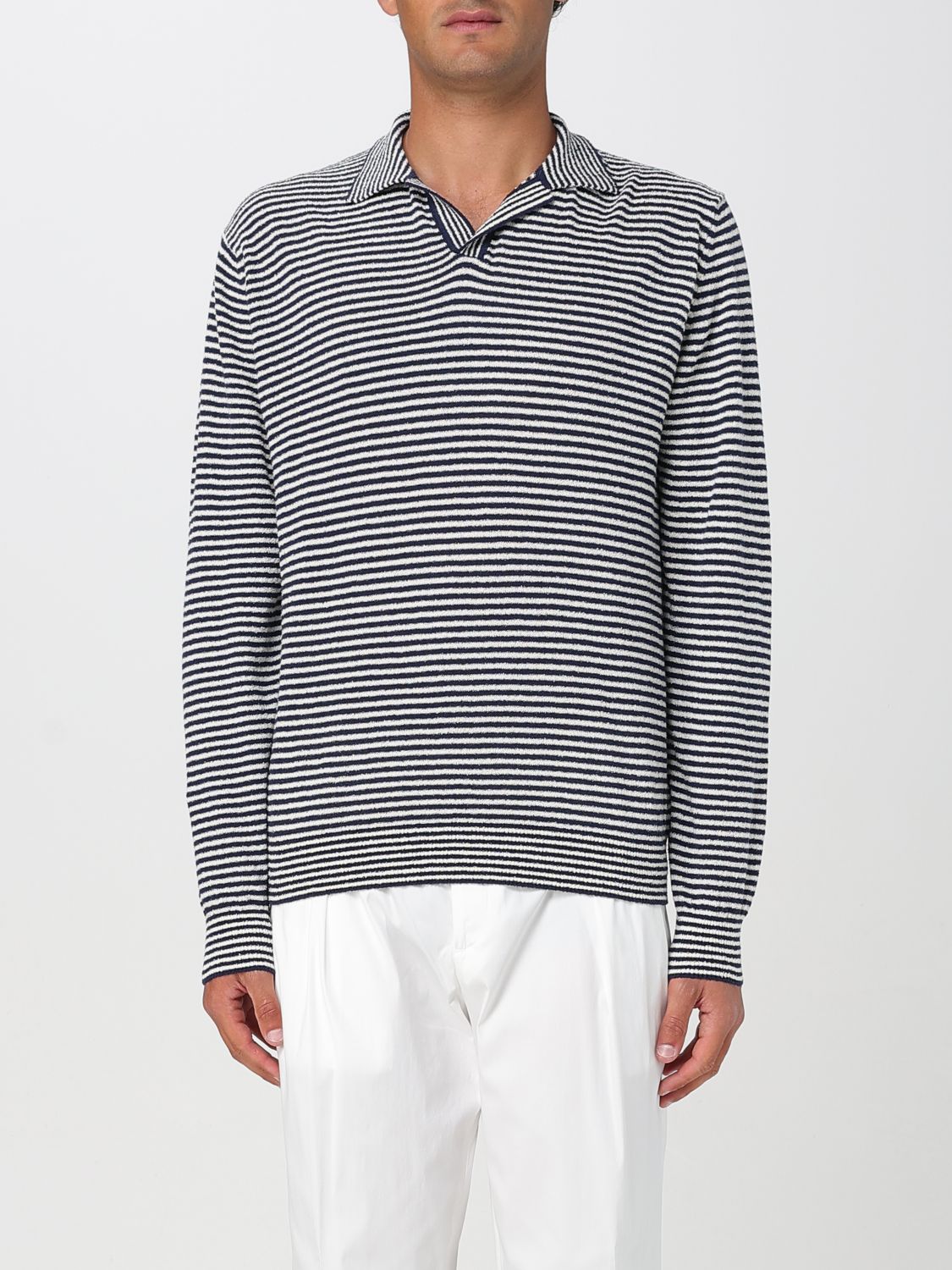 Doppiaa Indigo Blue Striped Long Sleeve Polo With Ribbed Cuffs And Collar