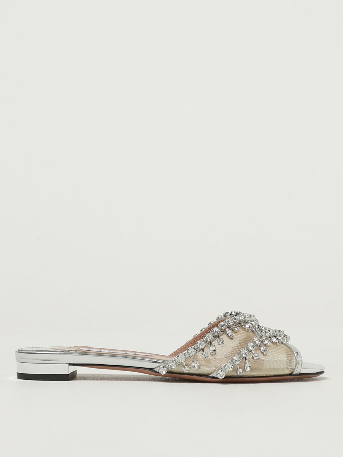 Aquazzura Temptation Crystal-embellished Mesh-trimmed Metallic Leather Slides