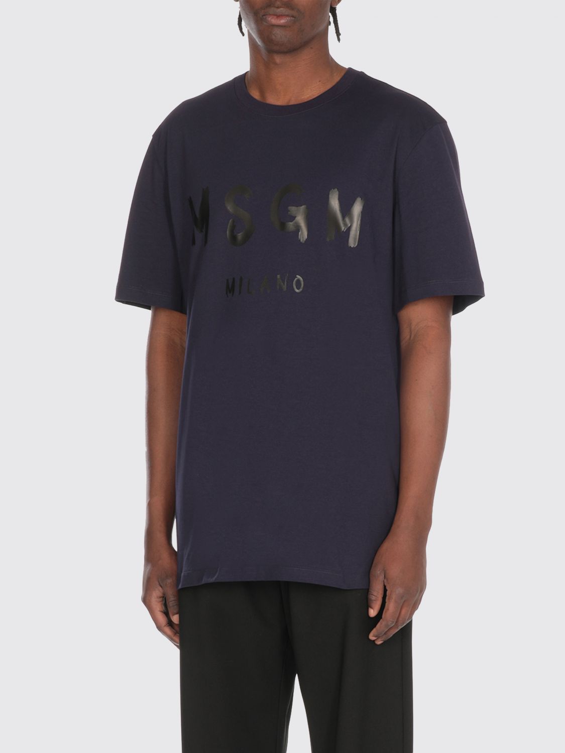 Msgm Over T-shirt In Blue Cotton With Printed Black Logo