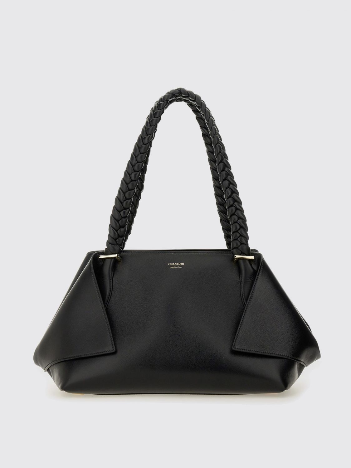 Ferragamo The Scarf Bag Black Shoulder Bag With Braided Handles And Folded Corners In Leather Woman