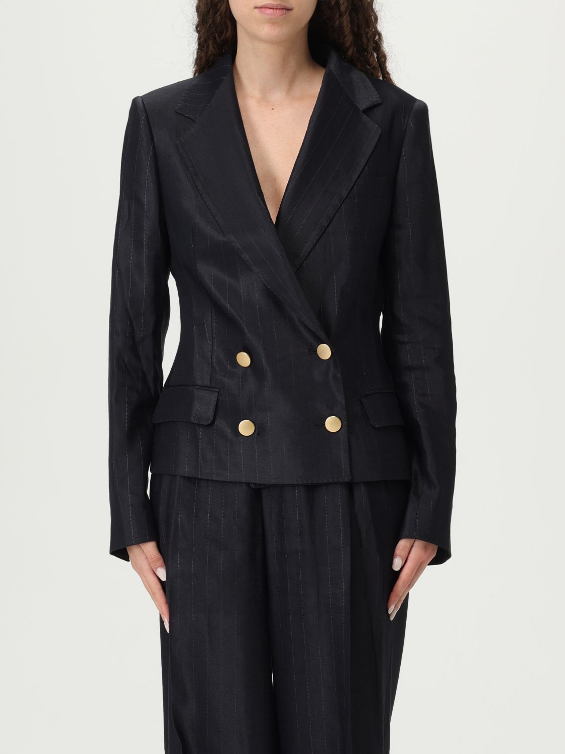Tagliatore Striped Blazer With Notched Lapel And Front Pockets In Black