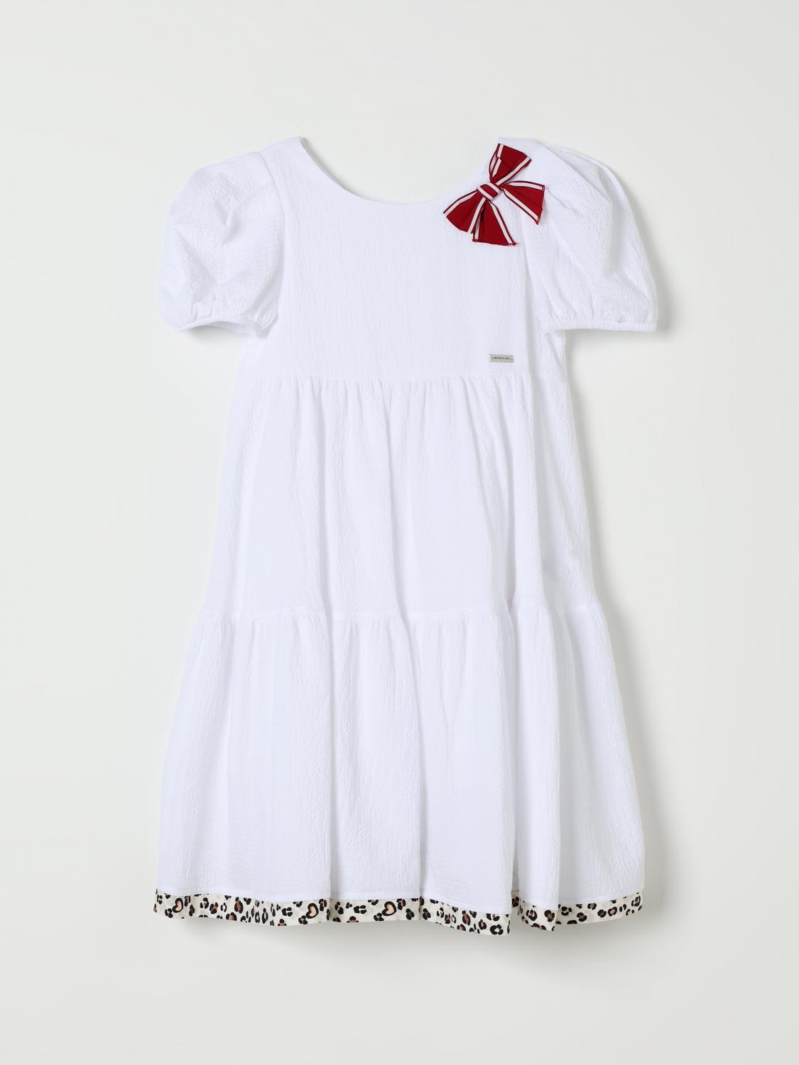 Monnalisa Capri White Flared Dress With Maxi Bow On The Front And Leopard Hem In Cotton Girl In White