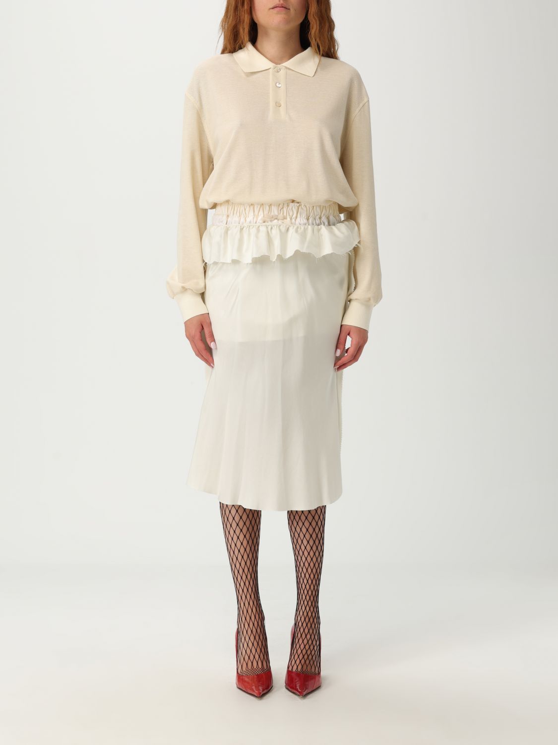 Maison Margiela White Midi Dress With Polo Collar And Gathered Waist