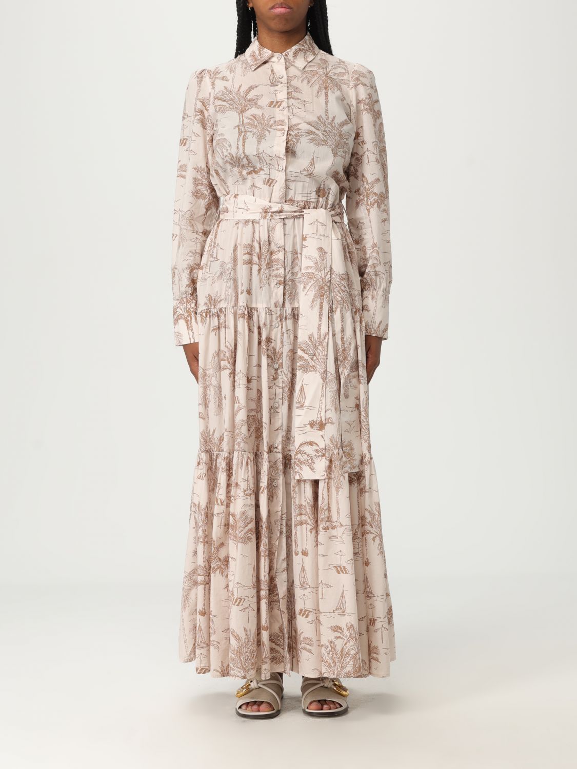 Mc2 Saint Barth Belted Waist Maxi Dress With Buttoned Cuffs And Palm Tree Print