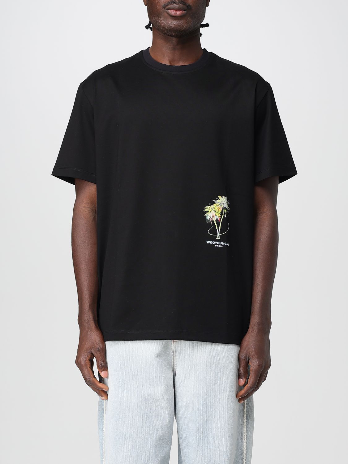 Wooyoungmi Black Crewneck T-shirt With Logo Detail On The Front And Maxi Logo Print On The Rear In Cotton Man