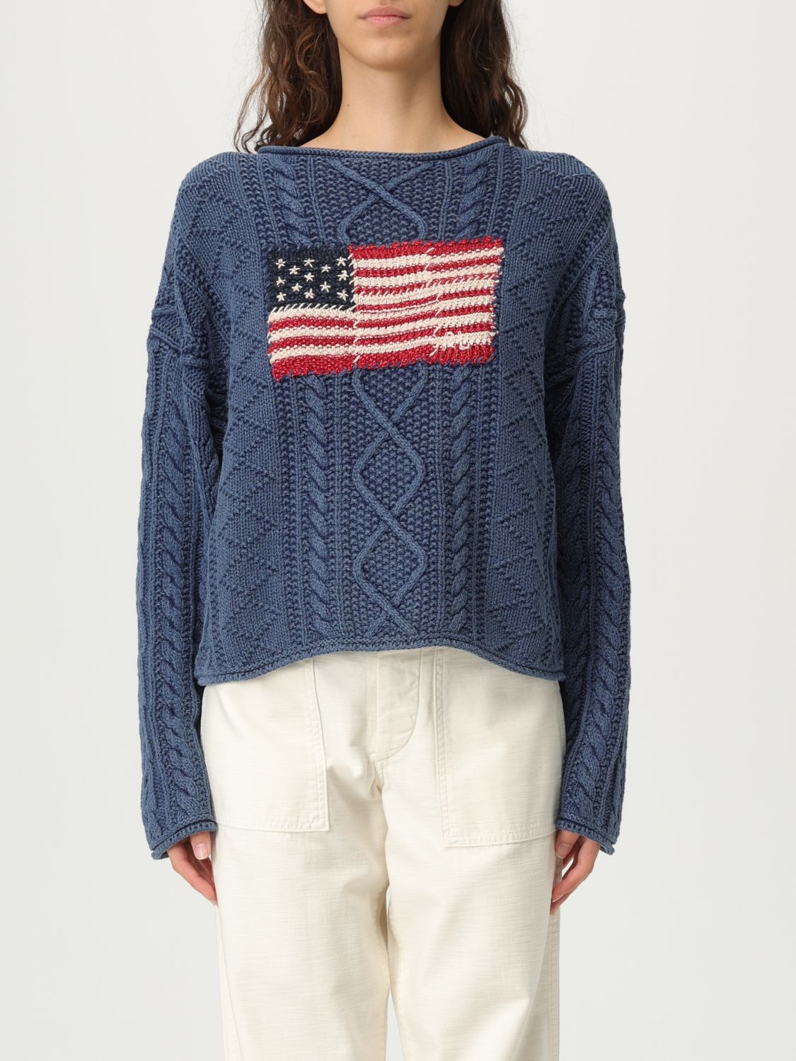 Polo Ralph Lauren Flag Cable Knit Cotton Aran Sweater In Blue