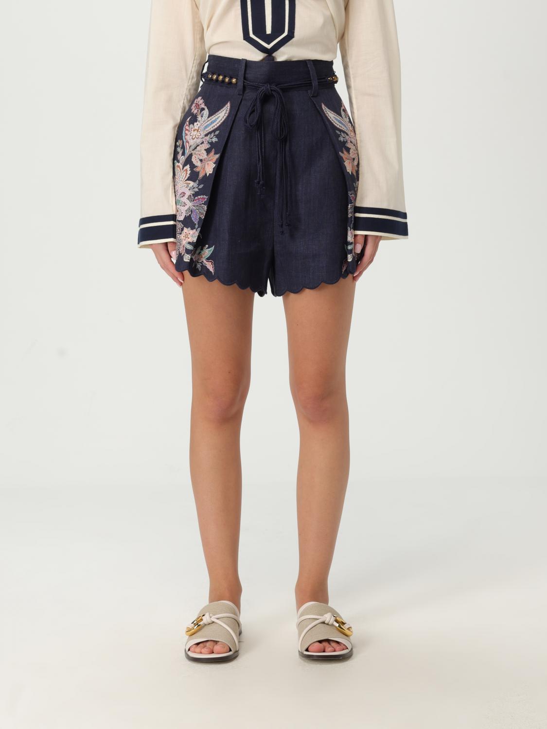 Zimmermann Rhiannon Blue Shorts With Removable Belt And Floral Embroidery On The Side In Linen Woman