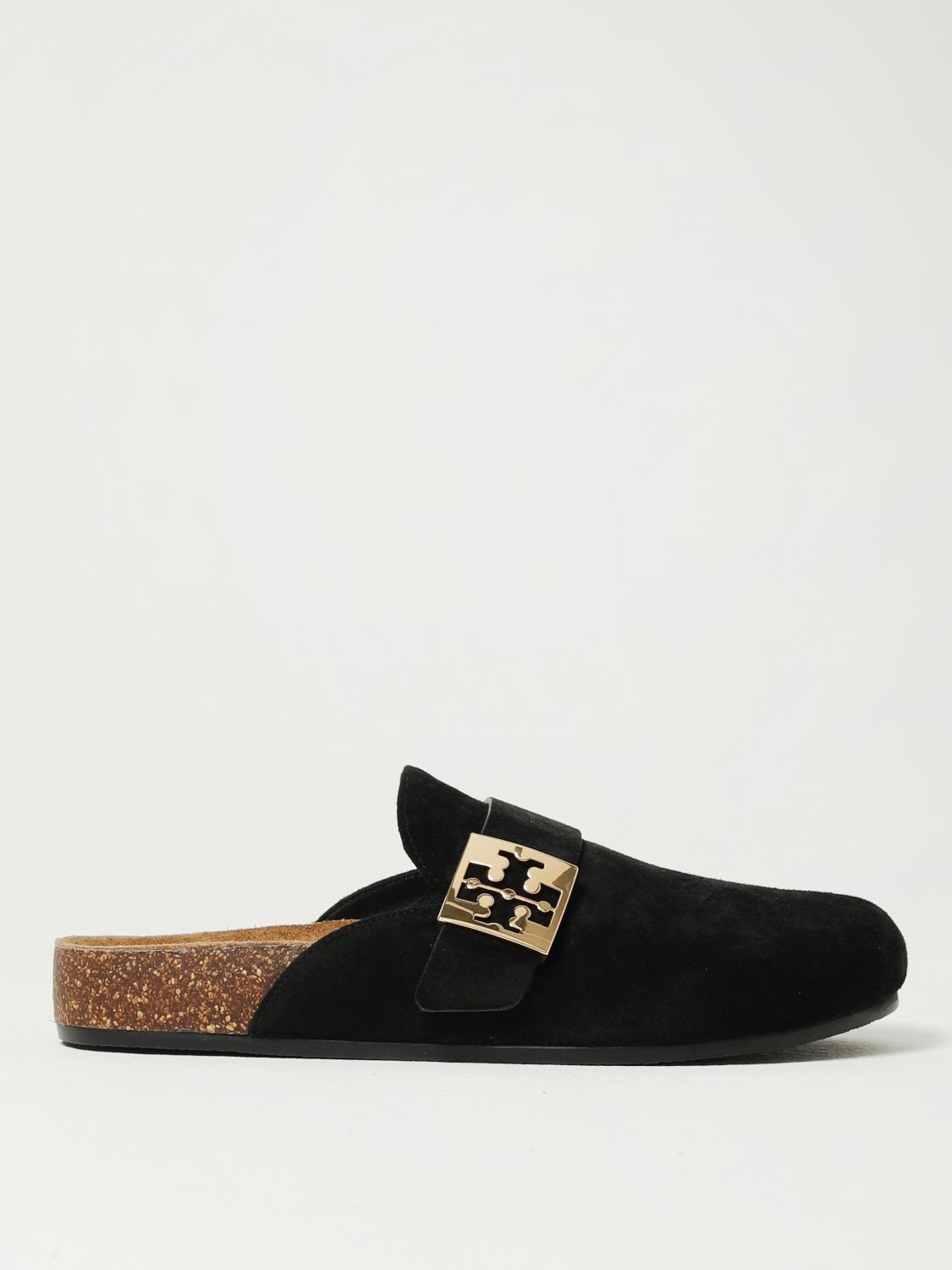 Tory Burch Mellow Suede Buckle Slide Mules In Black
