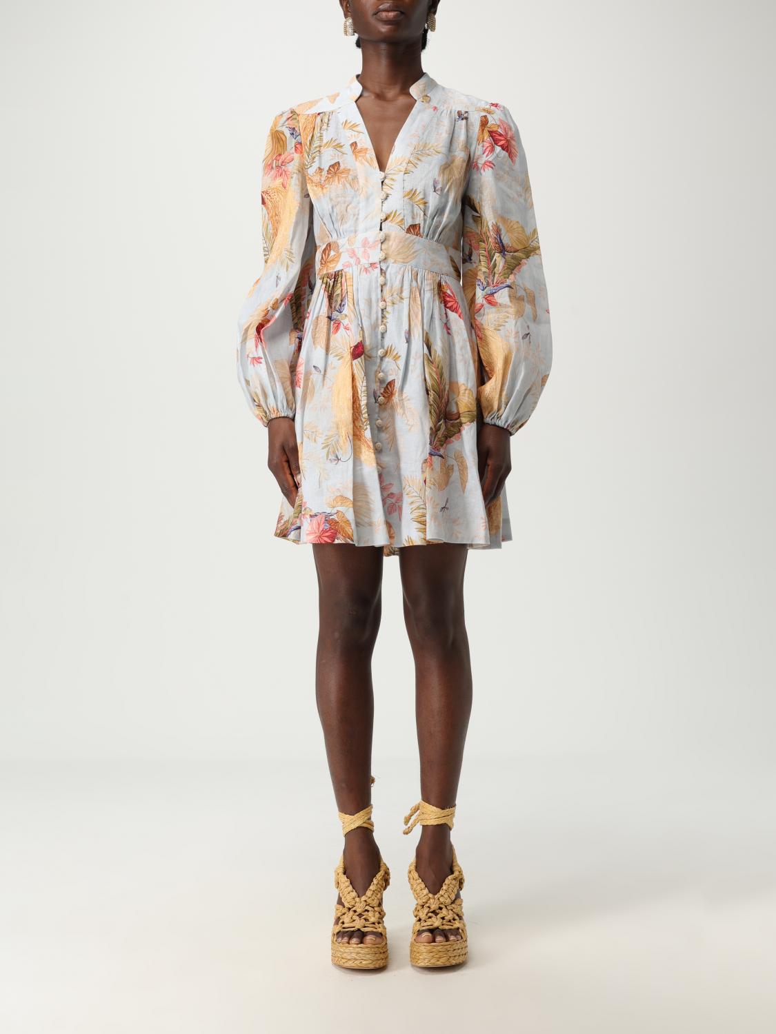 Zimmermann Ascension Light Blue Mini Dress With Flared Skirt And All-over Print In Linen Woman In Neutral