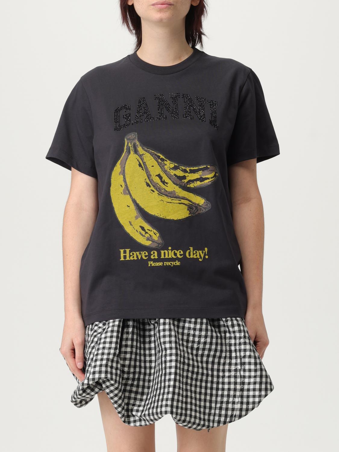 Ganni Crew-neck Cotton T-shirt With Banana Print In Gray