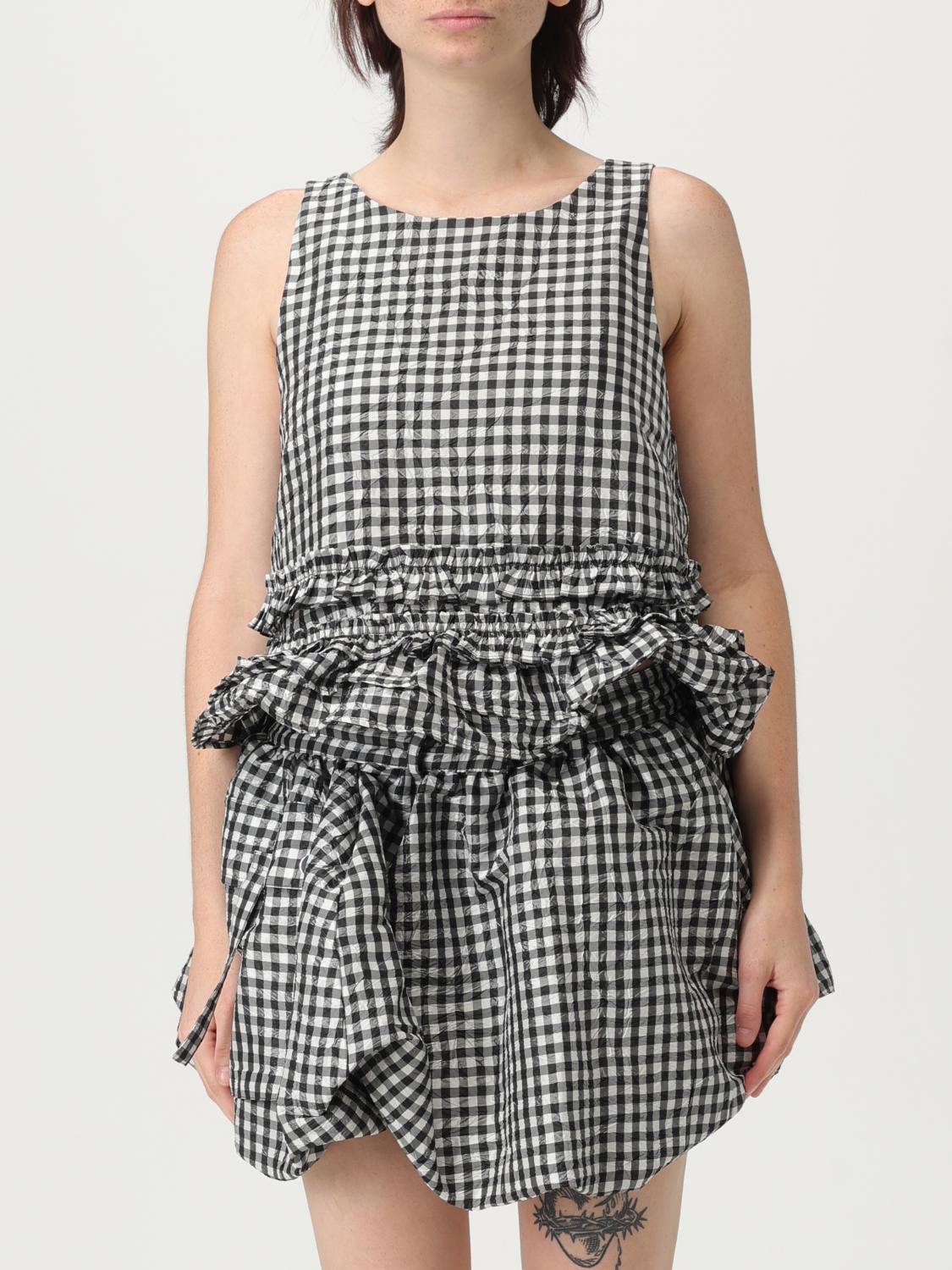 Ganni Crinkled Check Frill Top In Black