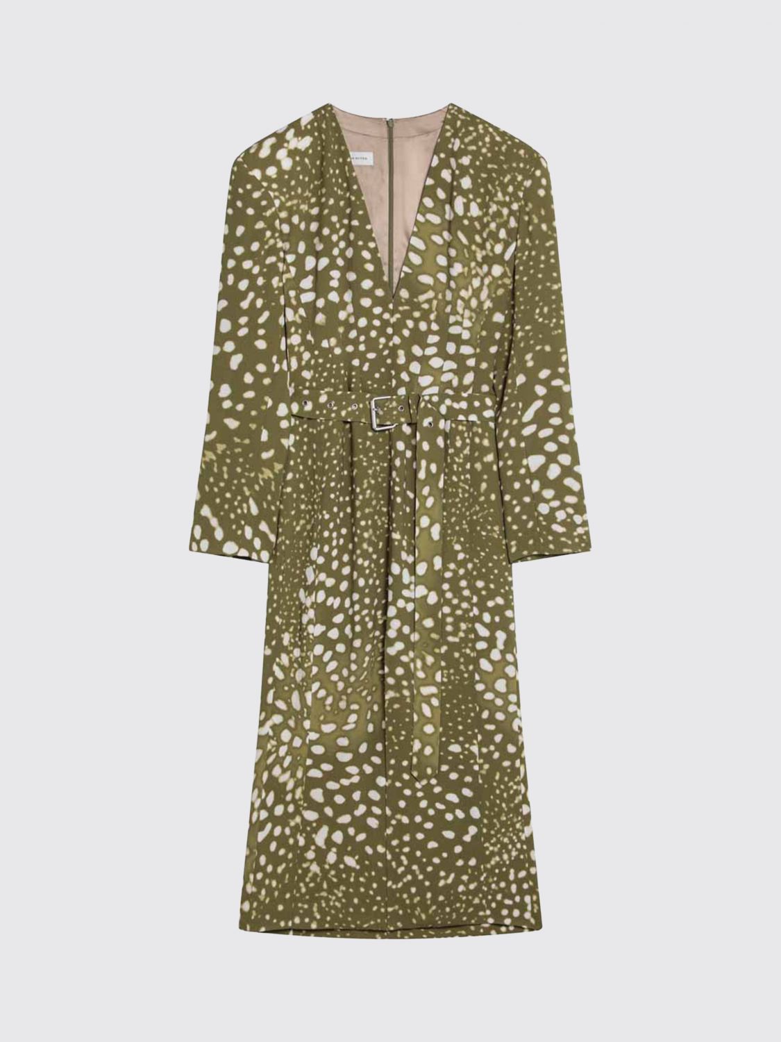Dries Van Noten Dress With Belt And Khaki Green Print In Green