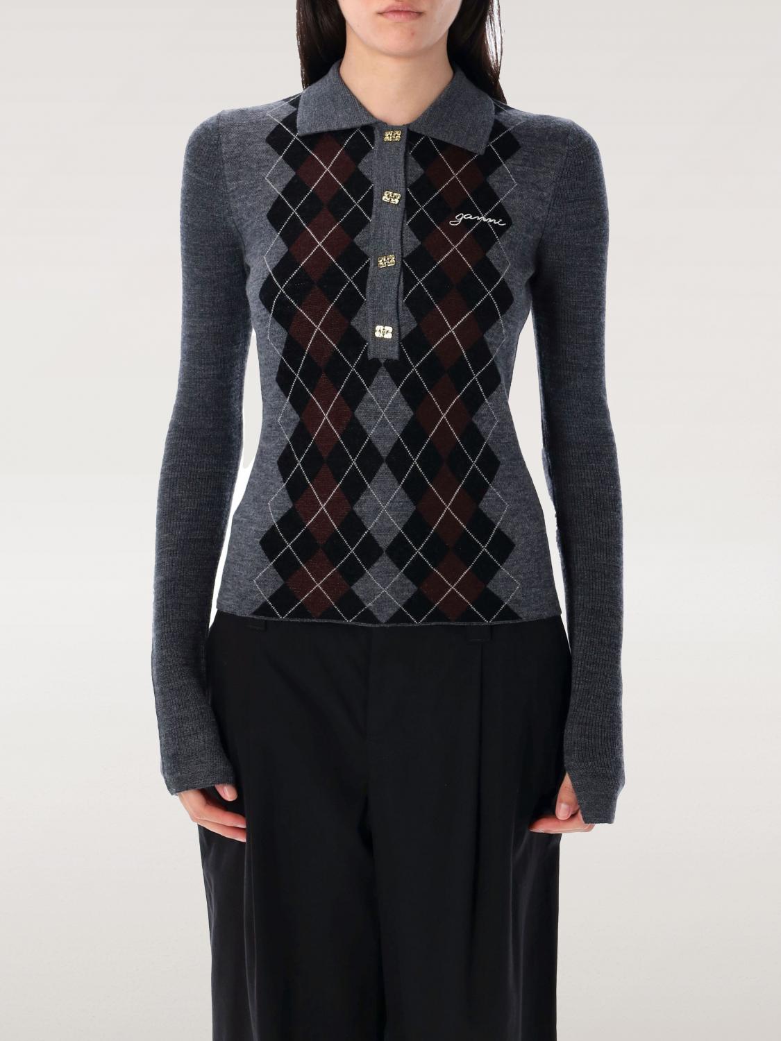 Ganni Grey Sweater With Classic Collar And Check Motif On The Front In Gray