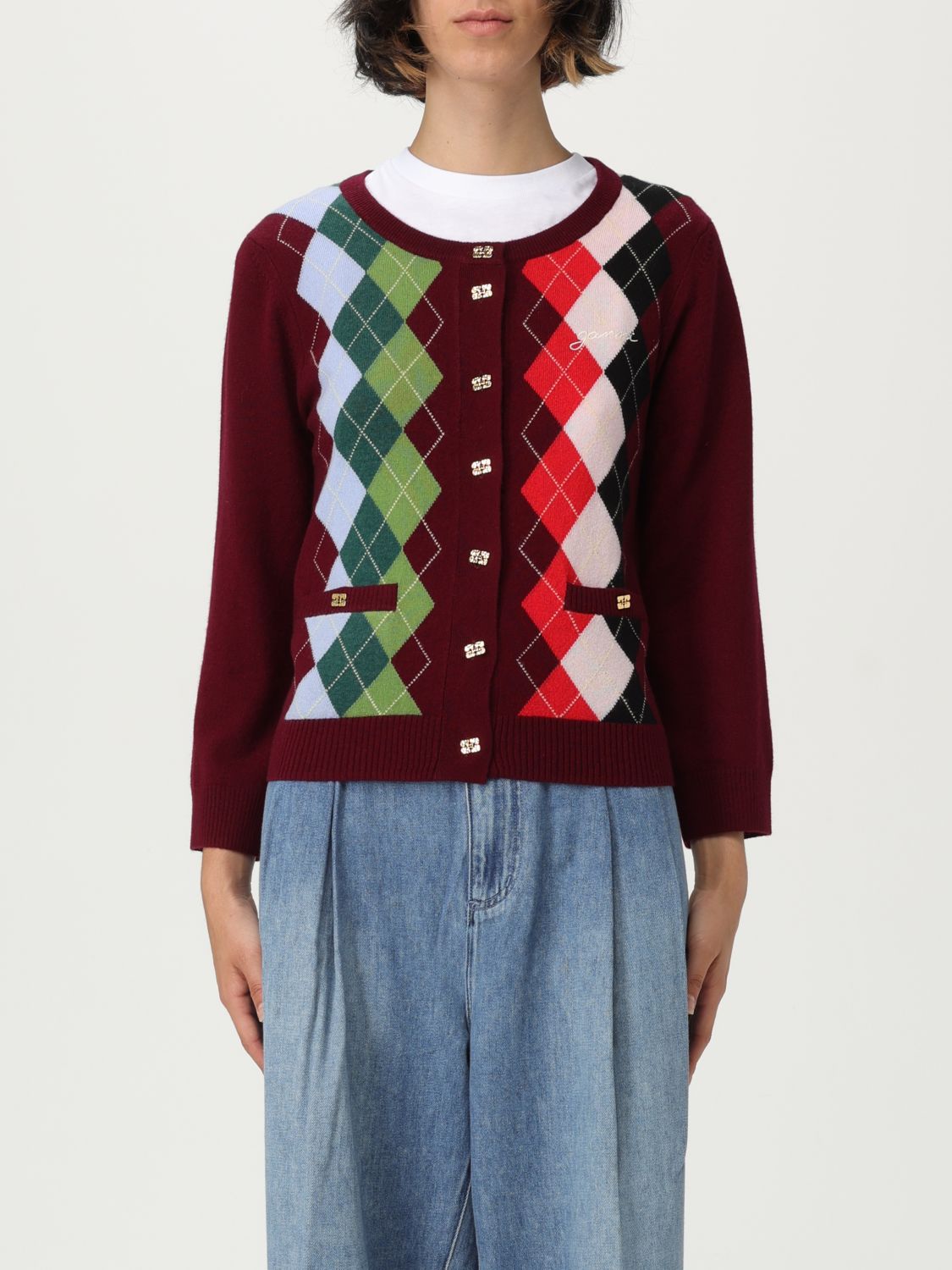 Ganni Womens Tawny Port Rhombus-print Round-neck Wool And Cashmere Cardigan Xl