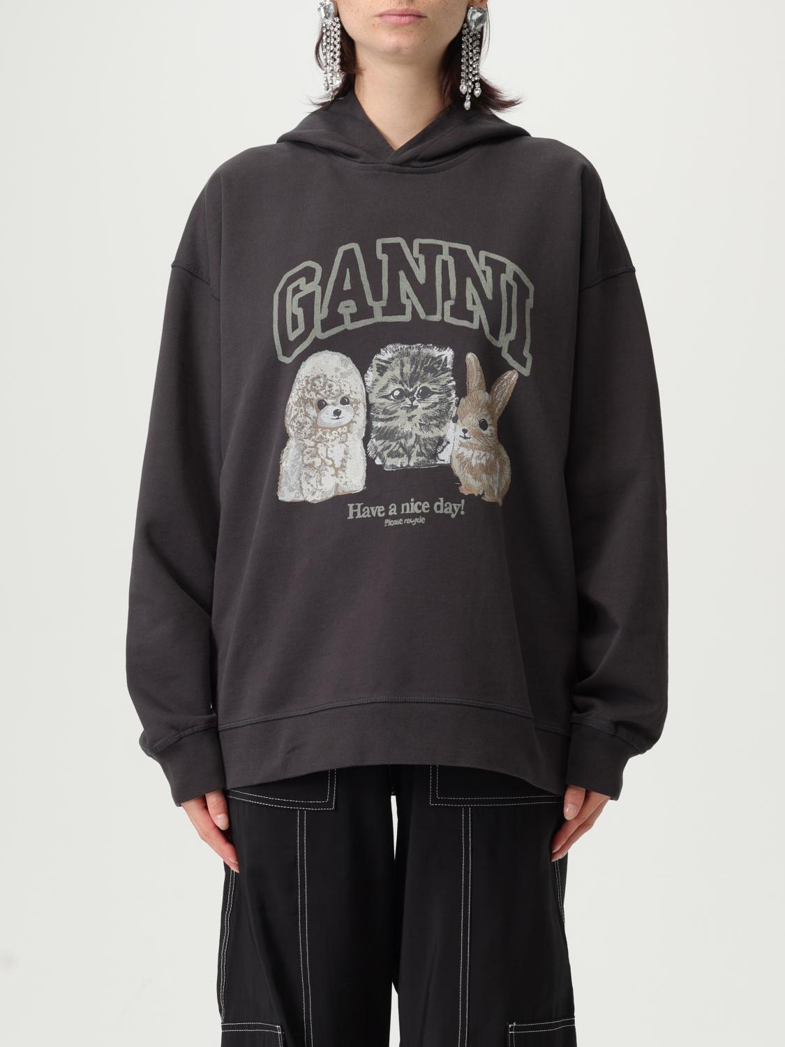 Ganni Hoodie With Logo Print In Gray