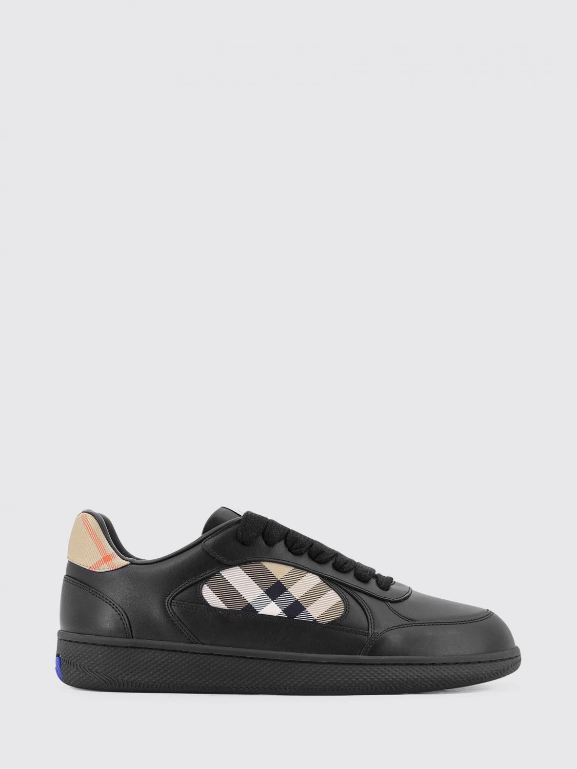 Burberry Men Leather Sneakers With Traditional Check Inserts In Black